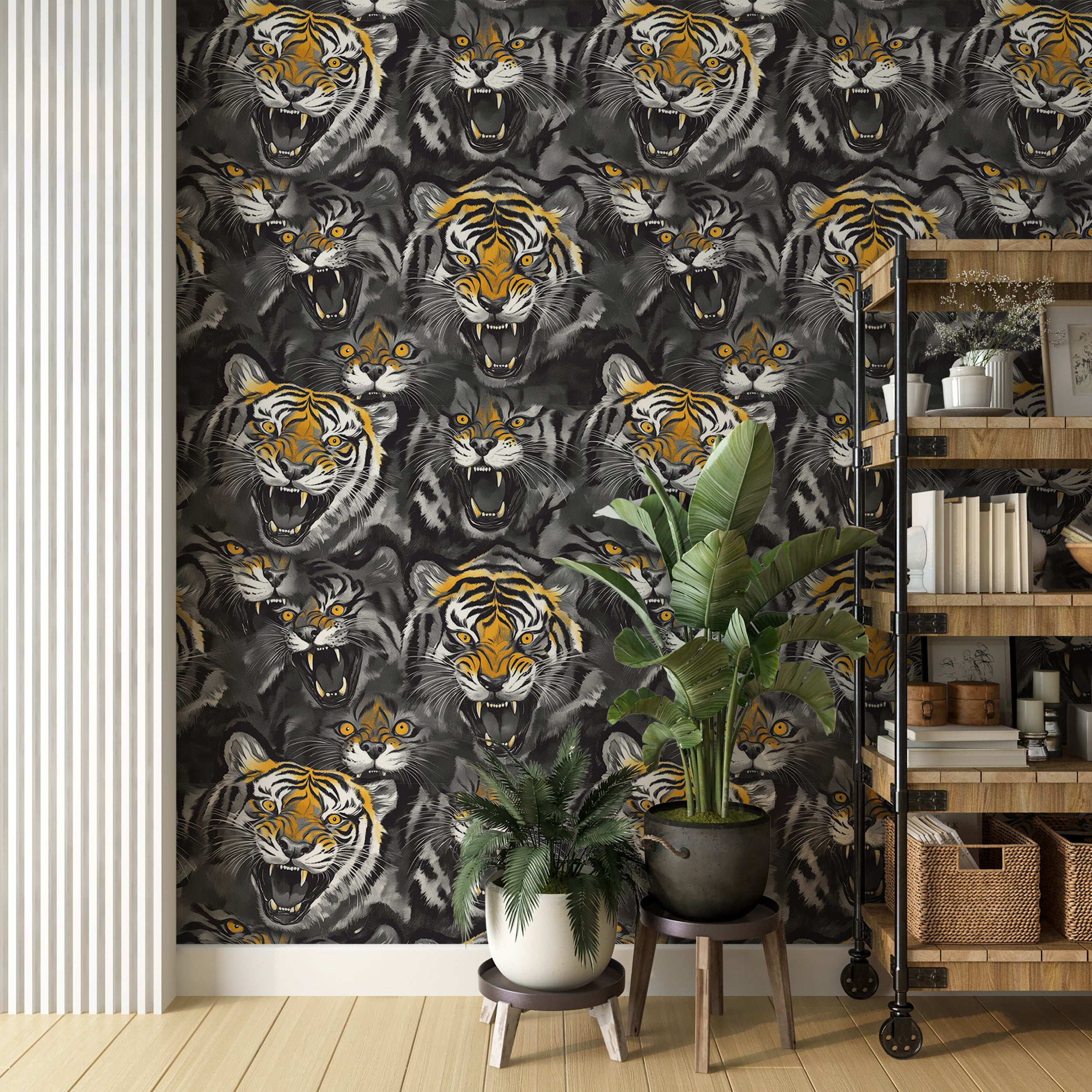 Dark tiger print wallpaper for safari-themed decor
Peel and stick orange and grey animal print wall art