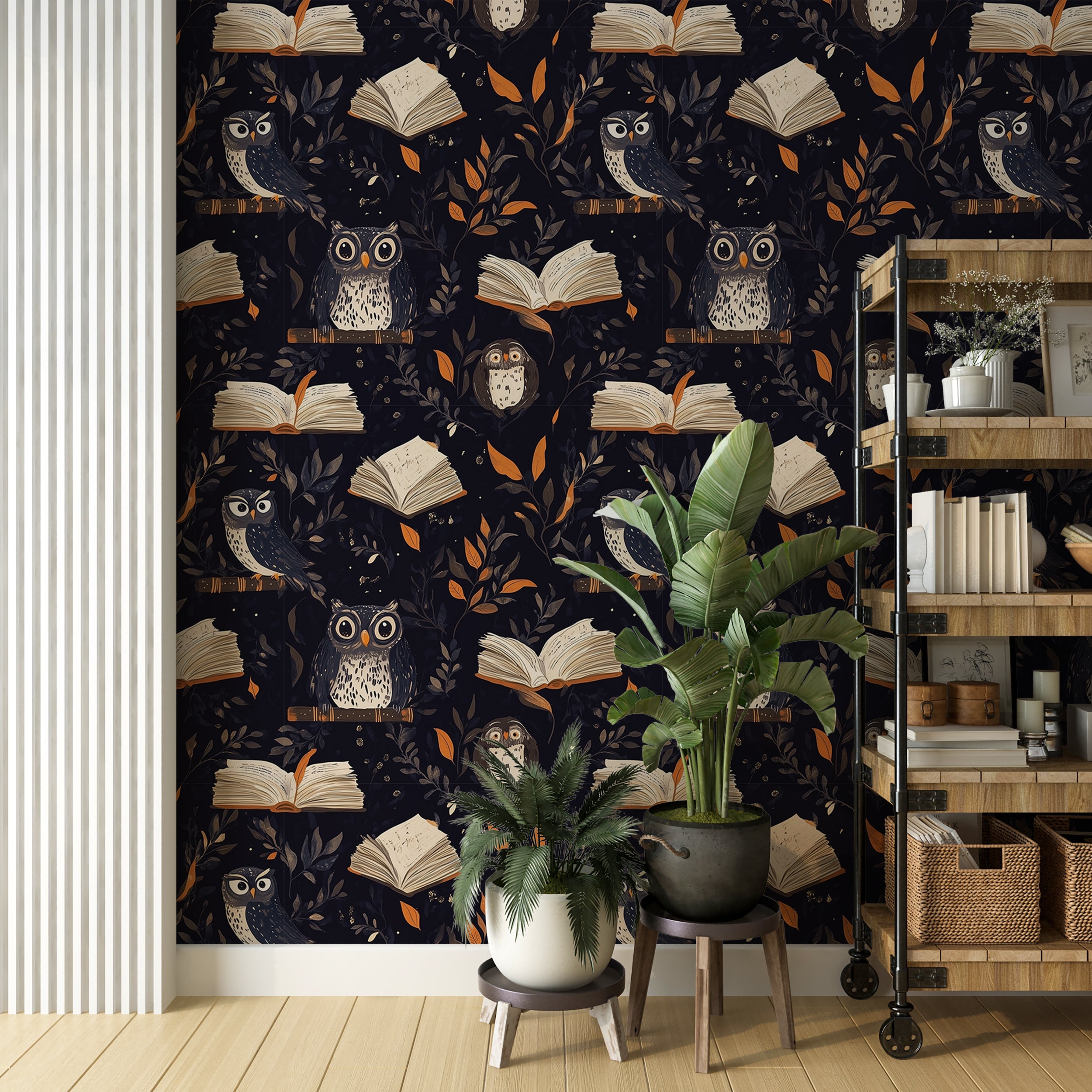 Black wallpaper with magical symbols and owl pattern
Peel and stick dark academy wallpaper for mysterious interiors