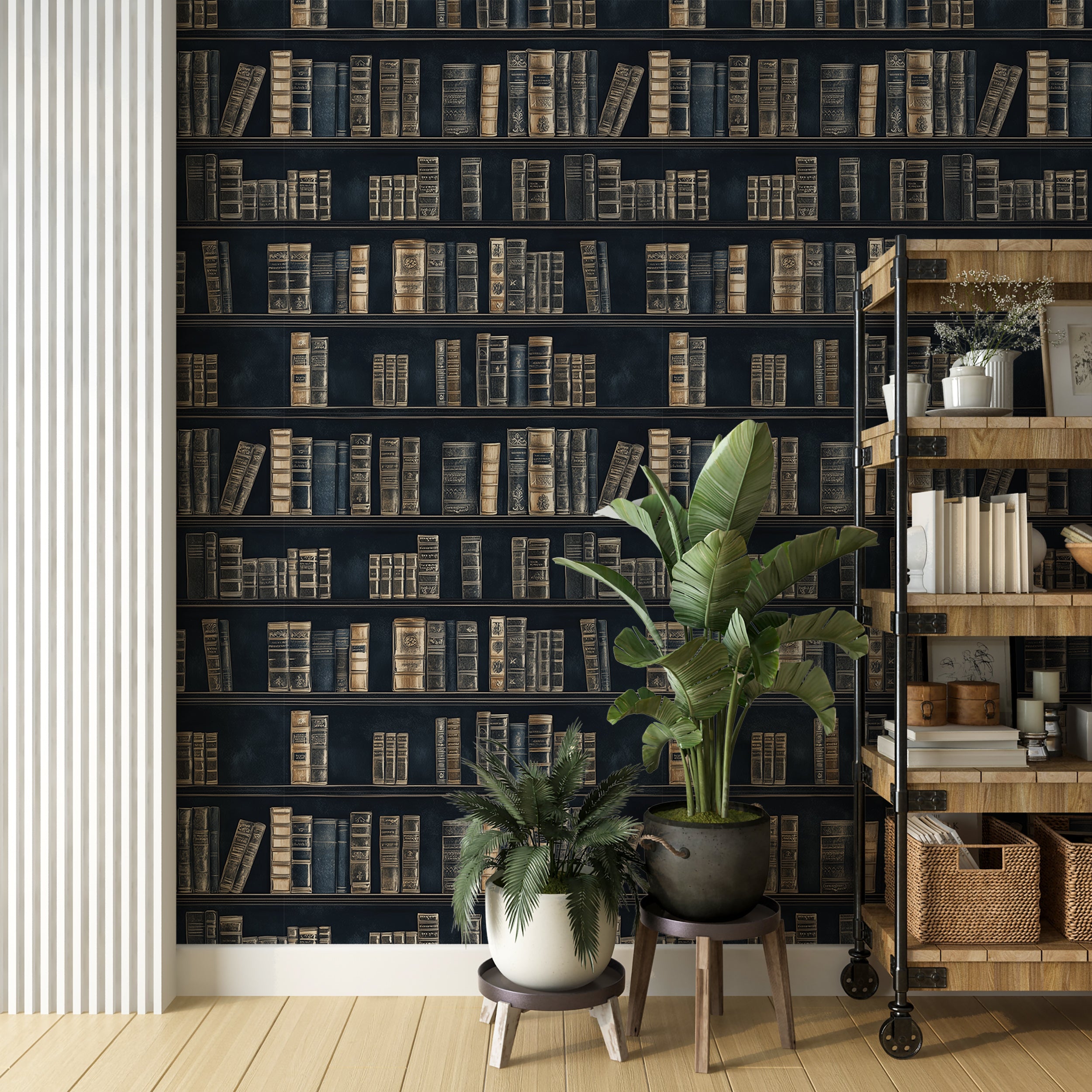 Book shelf wallpaper for sophisticated Dark Academy aesthetic
Dark blue peel and stick wallpaper for scholarly decor