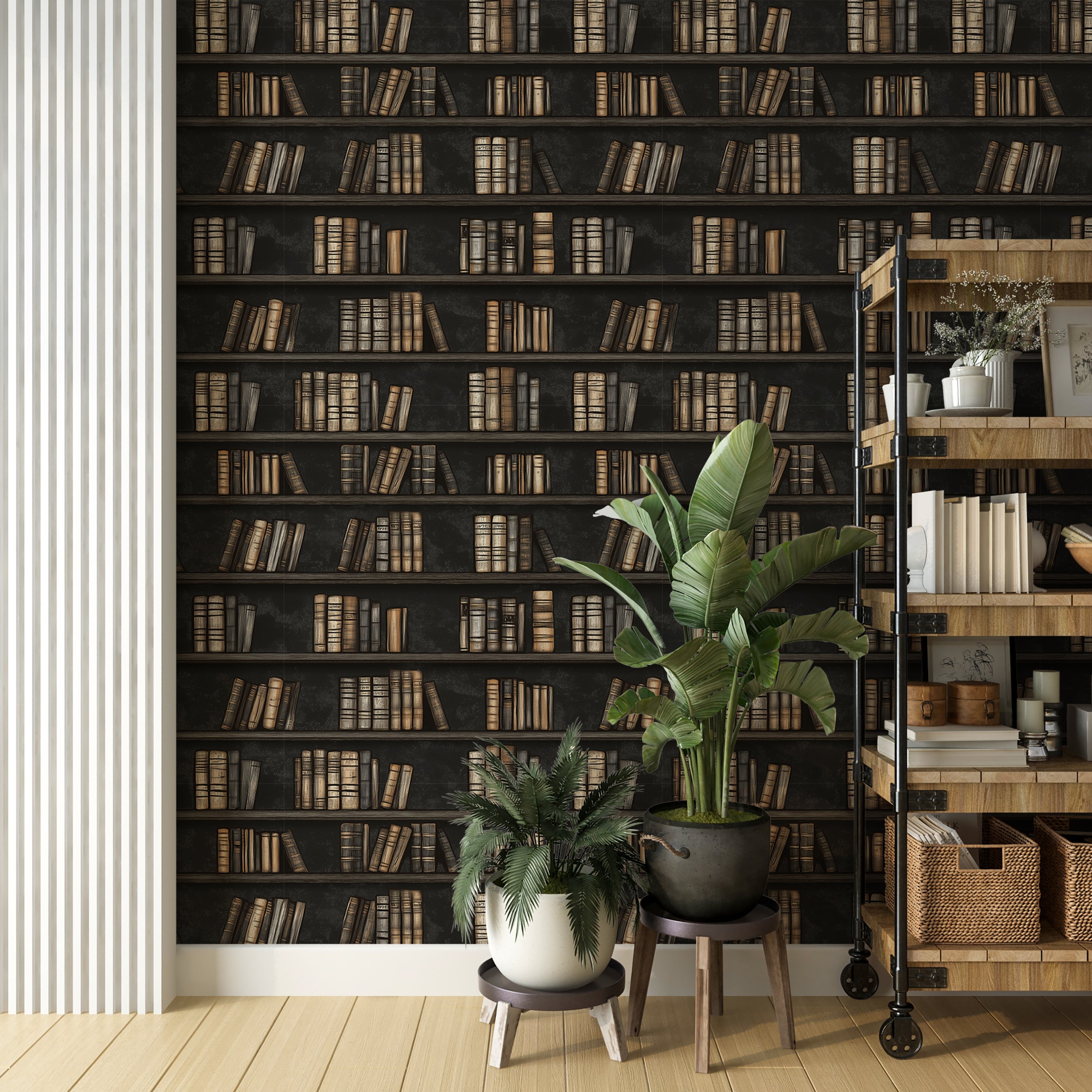 Dark grey bookshelf wallpaper for Dark Academy decor
Peel and stick library wallpaper for reading rooms