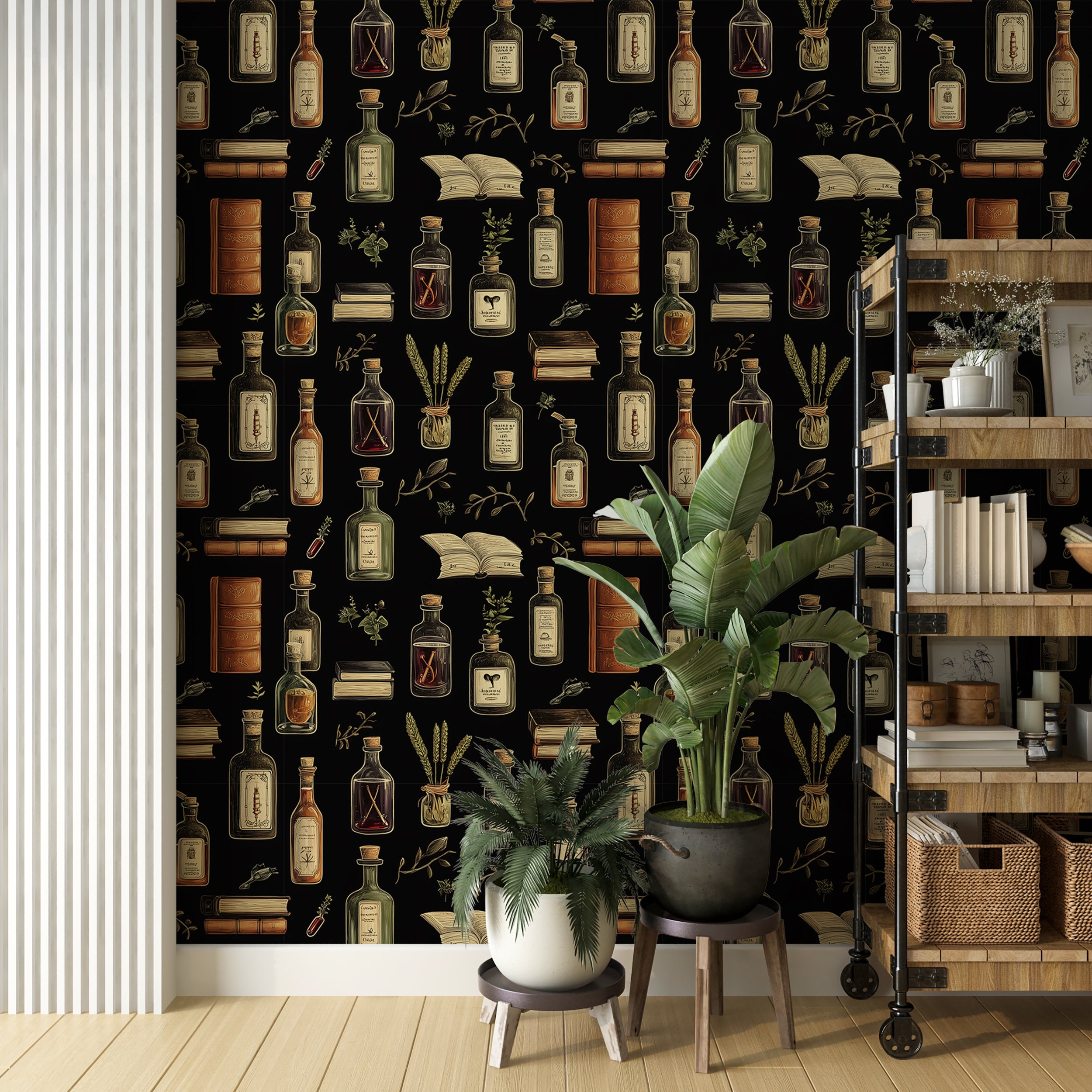 Peel and stick wallpaper with books and herbs for Dark Academy style
Black magic school wallpaper with alchemy pattern