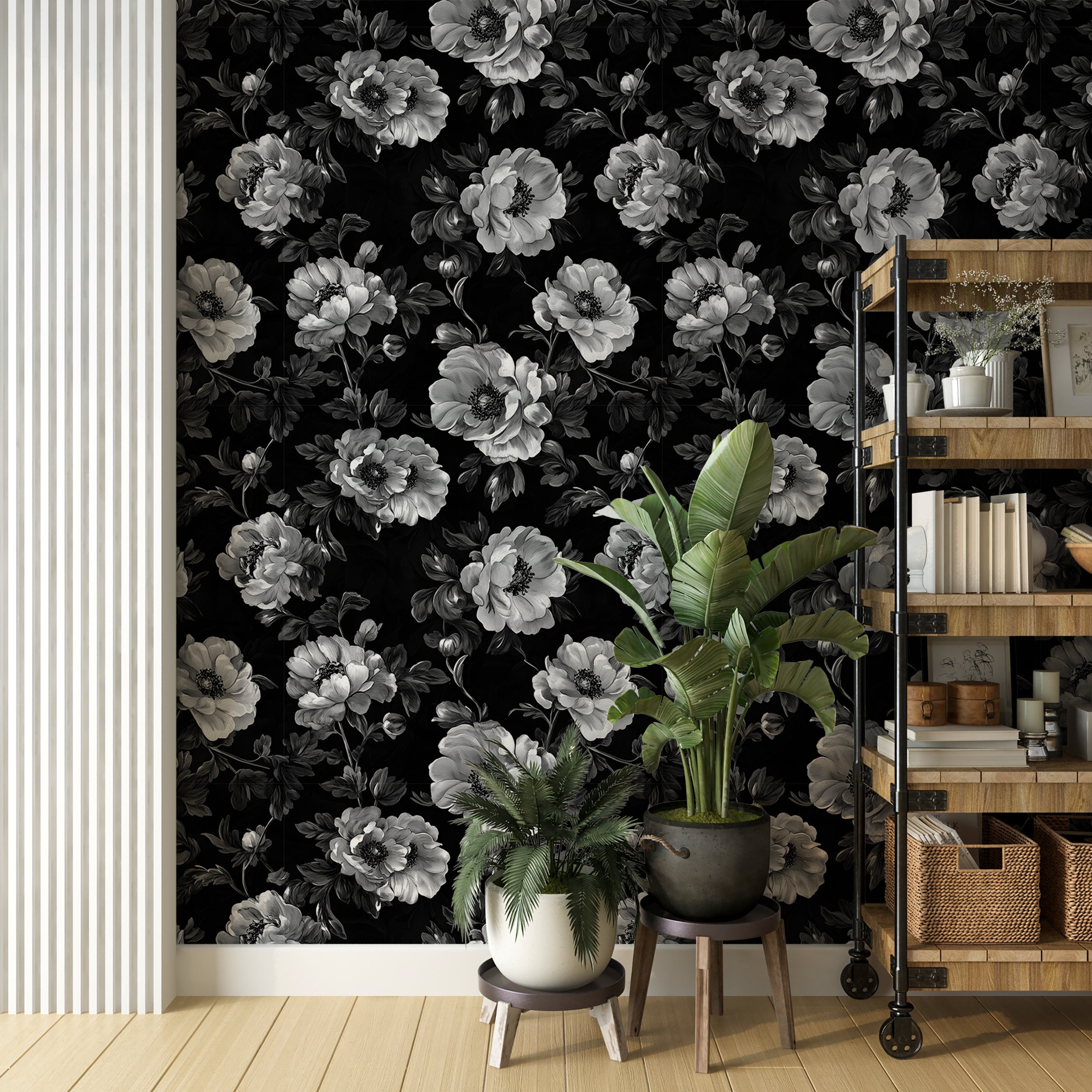 Monochrome flower pattern wallpaper for elegant wall art
Black and white botanical wallpaper for sophisticated spaces