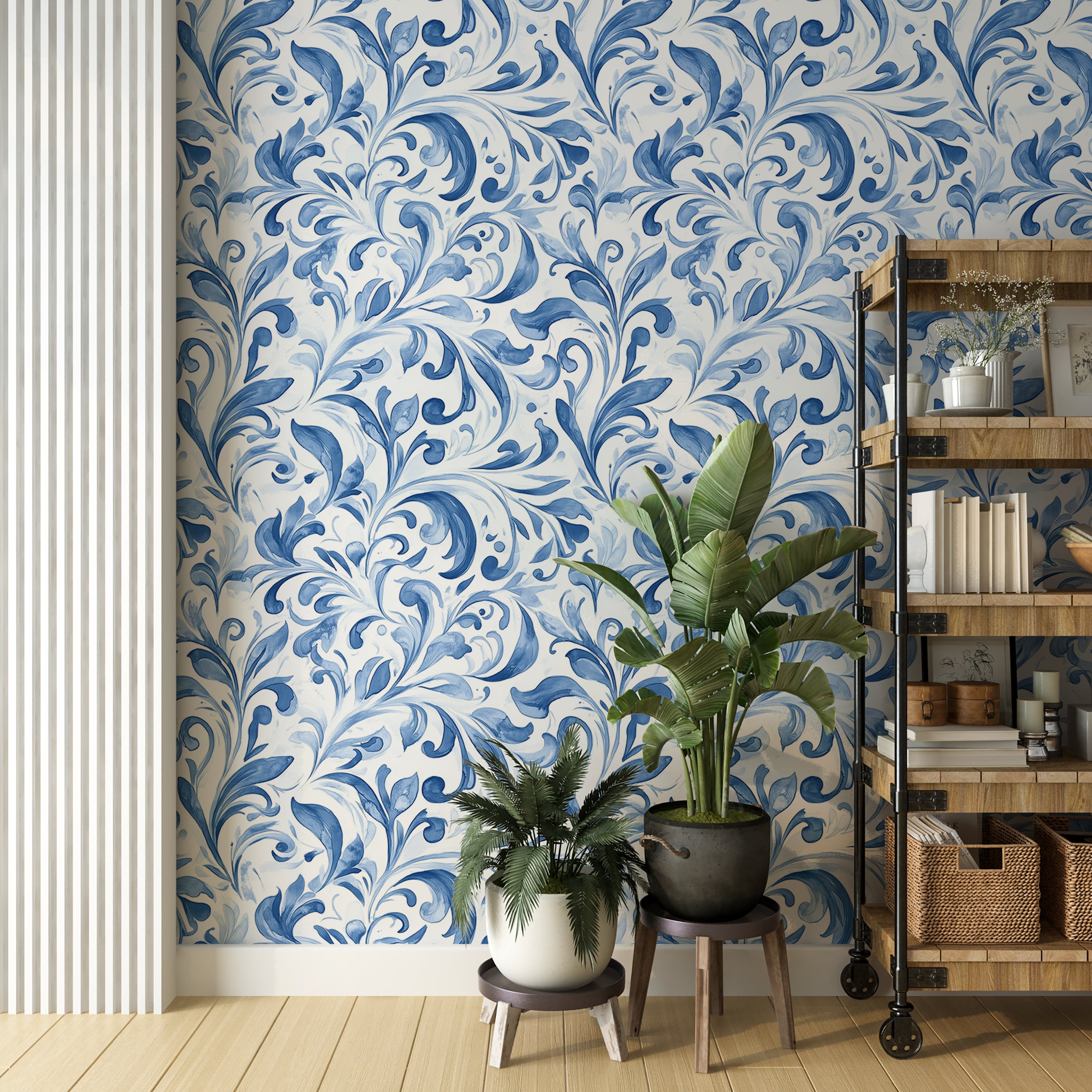 Watercolor blue and white abstract leaves wallpaper
Peel and stick filigree pattern wallpaper for elegant decor