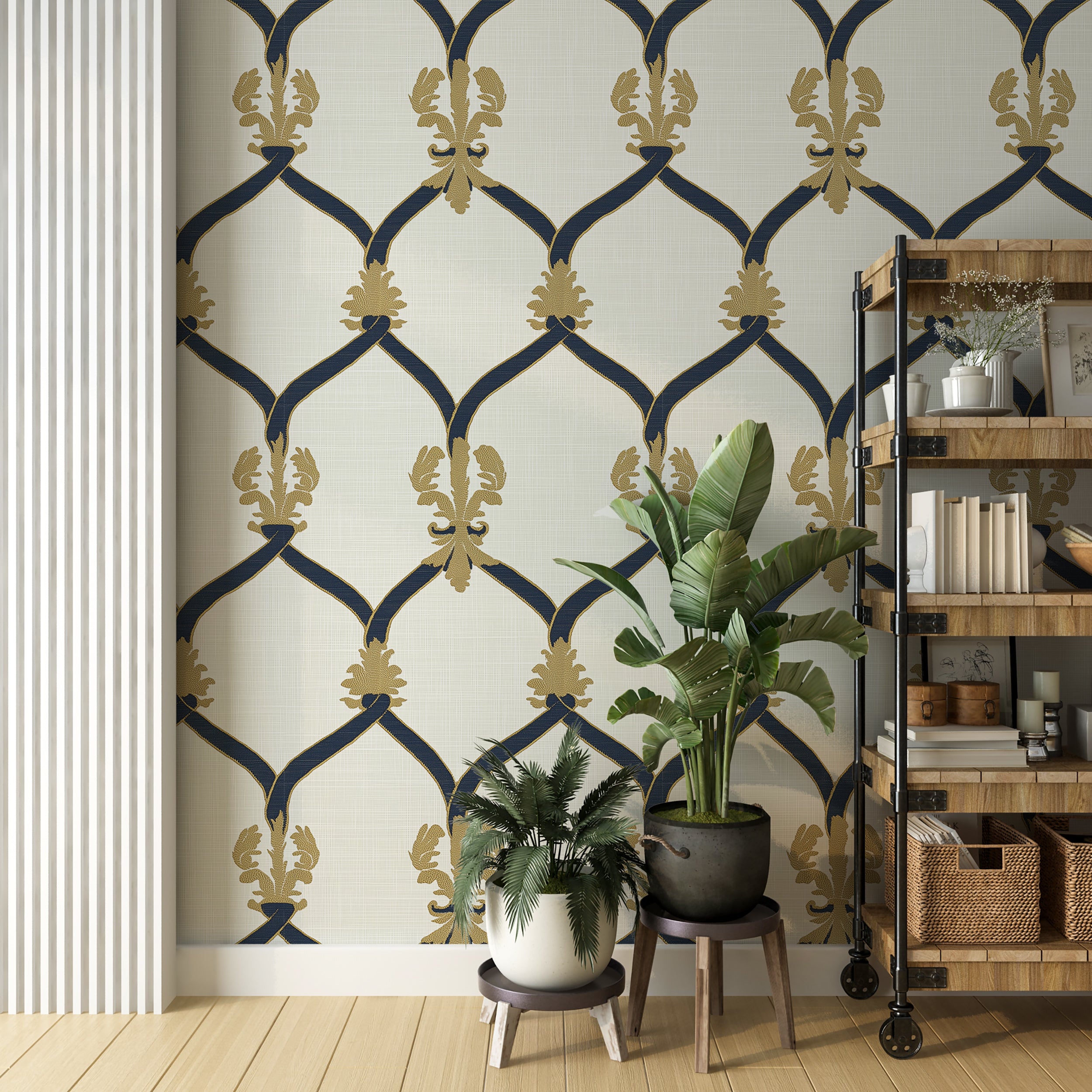 Peel and stick Victorian wallpaper with blue and gold details
Classic blue and gold wallpaper for vintage-style spaces