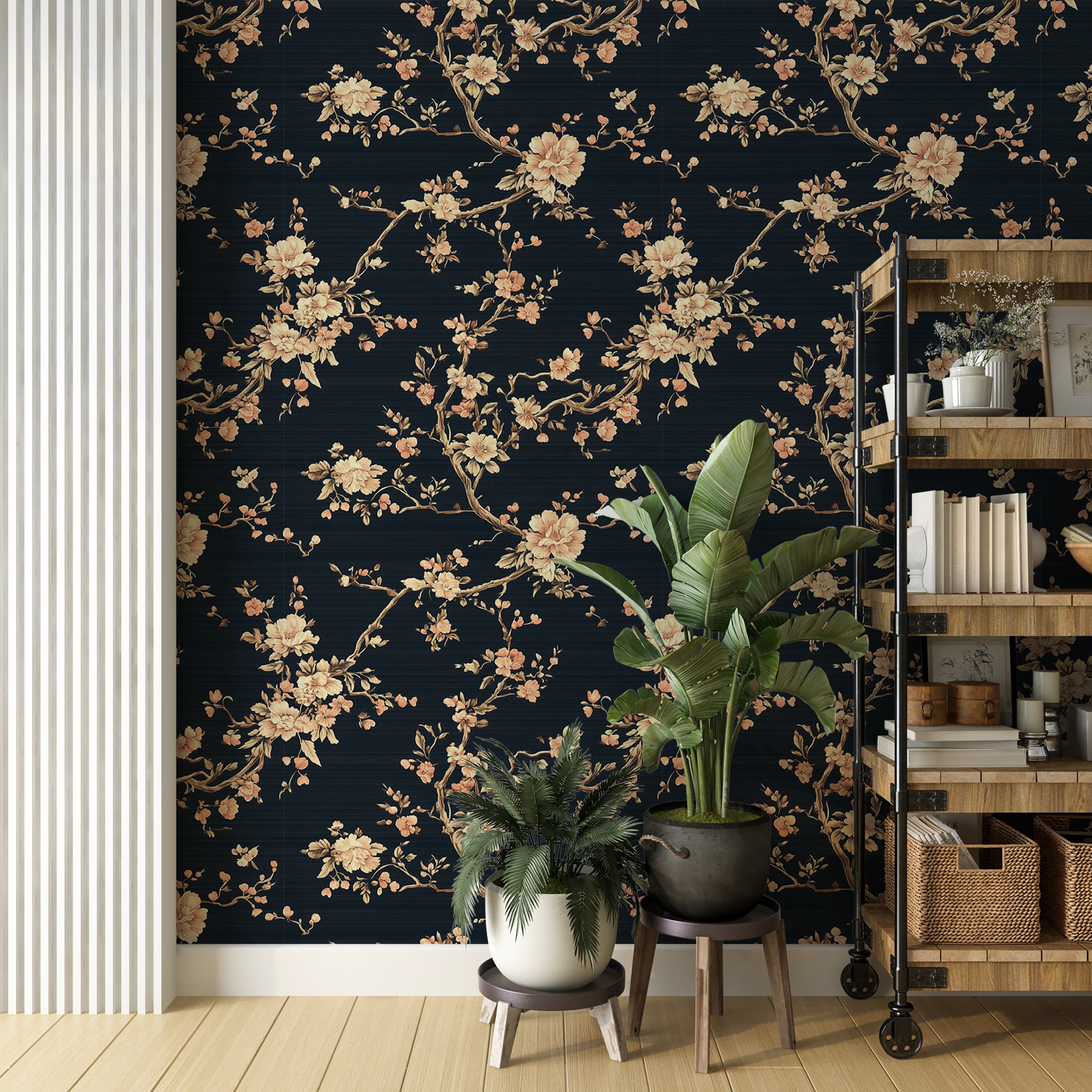 Rich navy and gold wallpaper for creating sophisticated accents
Gold and blue peel and stick wallpaper for botanical wall art