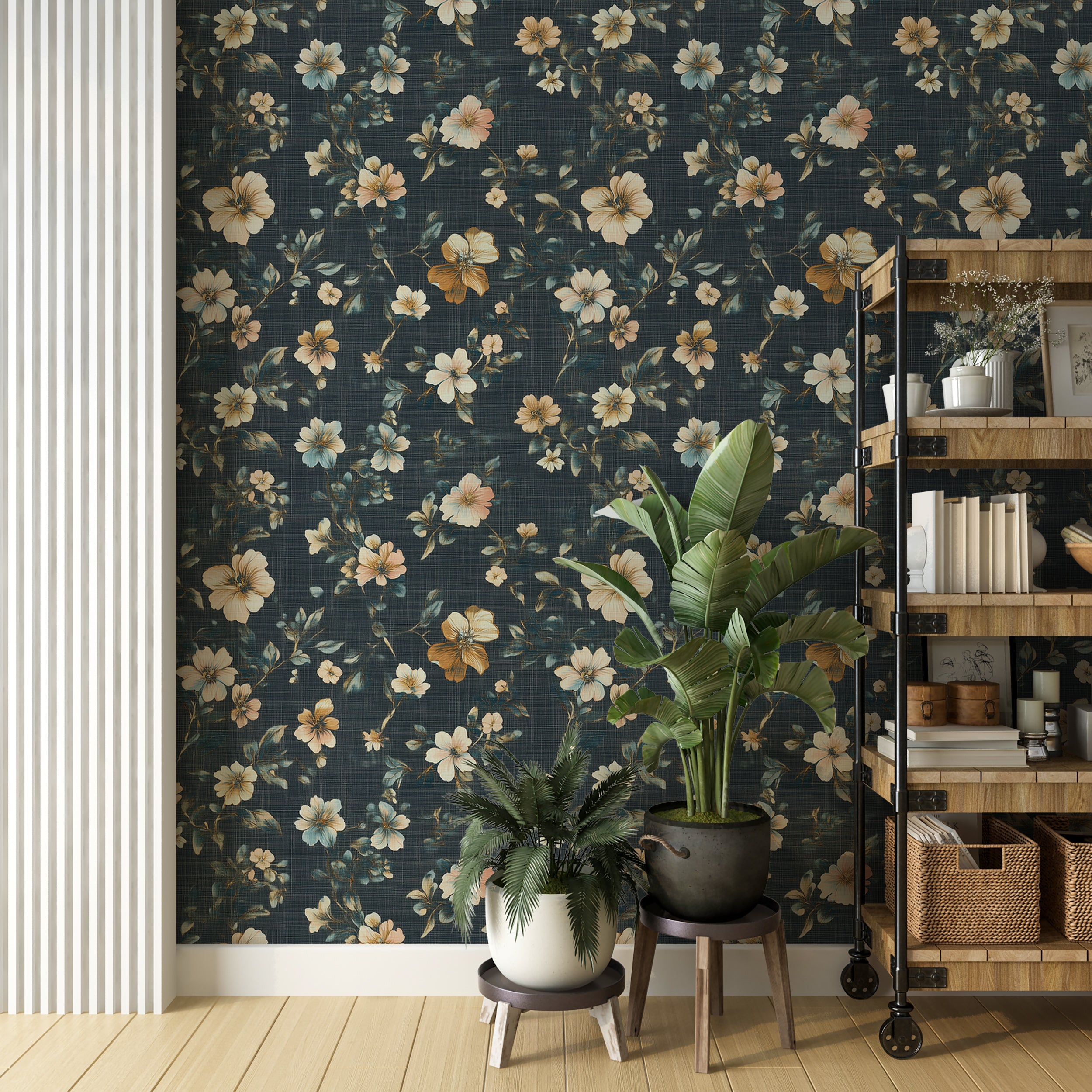 Floral pattern wallpaper for peaceful and elegant spaces
Blue floral wall decor with linen texture for stylish rooms