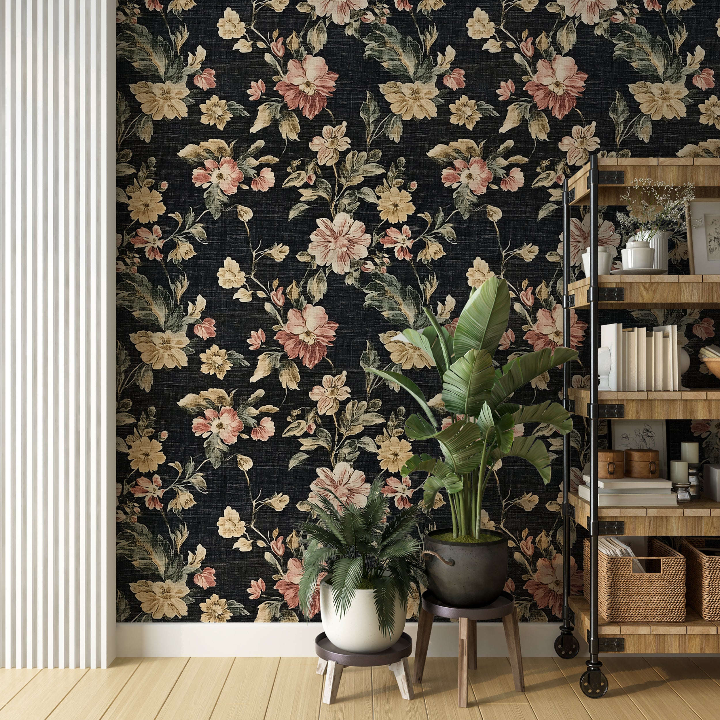 Rich colors floral pattern wallpaper on black linen
Peel and stick dark botanical wallpaper for vintage decor