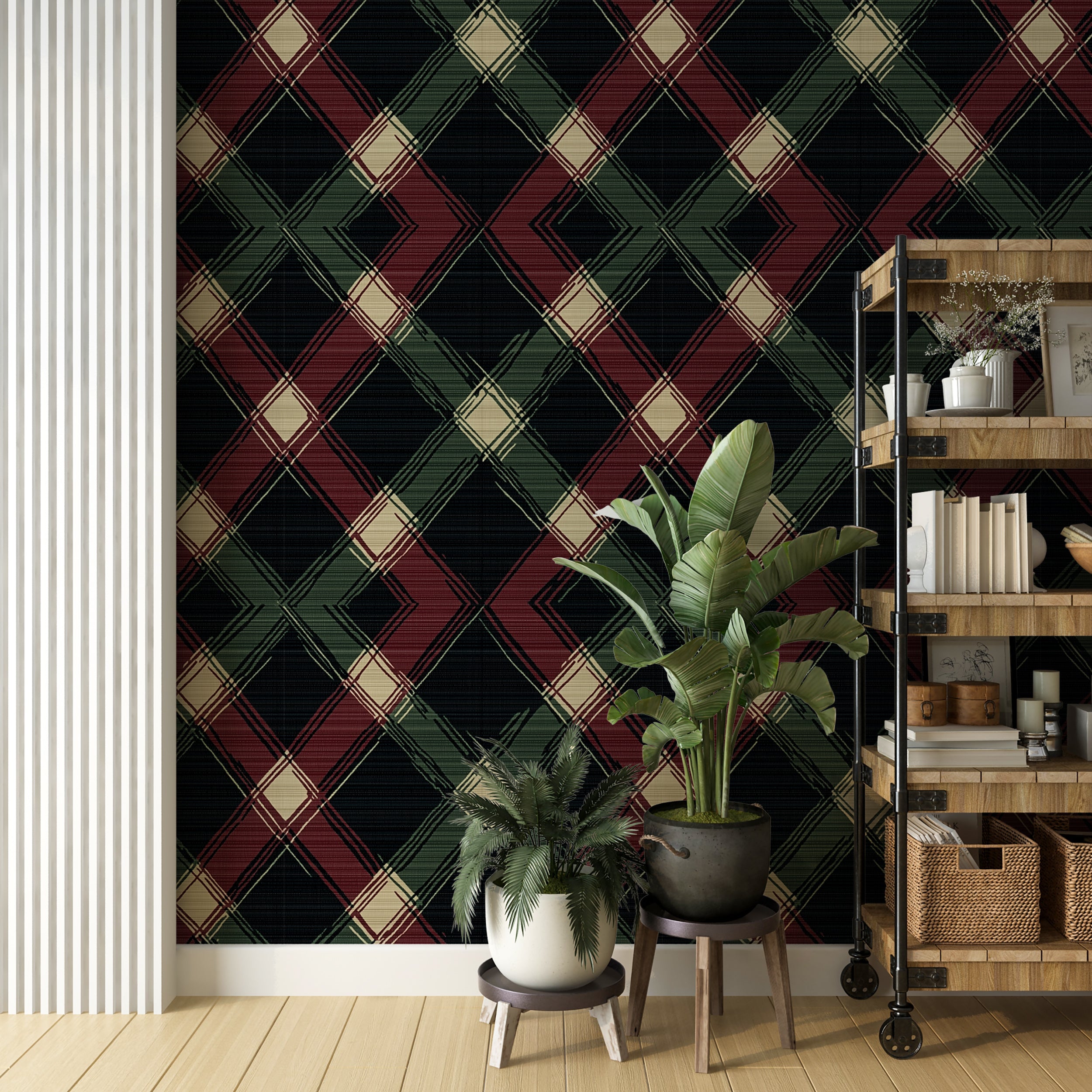 Green, red, and black Scotland tartan pattern wallpaper
Peel and stick retro geometrical tartan wallpaper for cozy decor