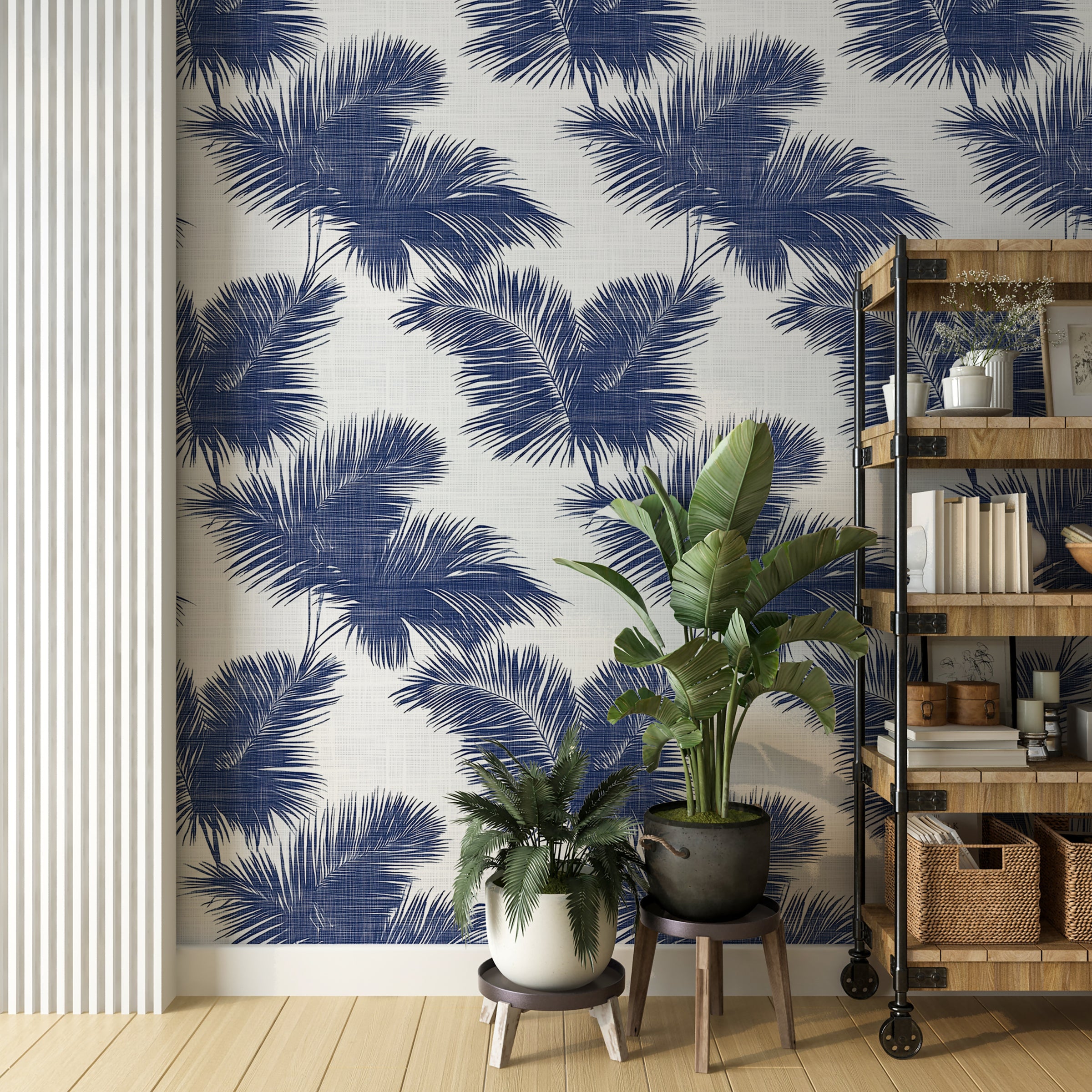 Blue Palm Tree Leaves Wallpaper - Blue and White Tropical Wallpaper
