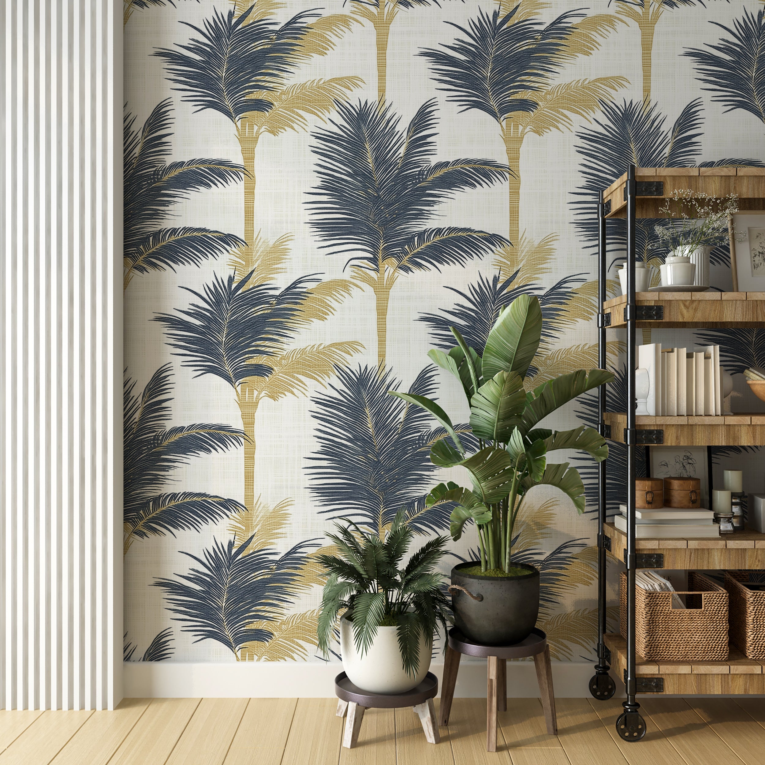 Gold and blue palm trees wallpaper for luxurious tropical decor
Peel and stick tropical forest wallpaper with white linen texture