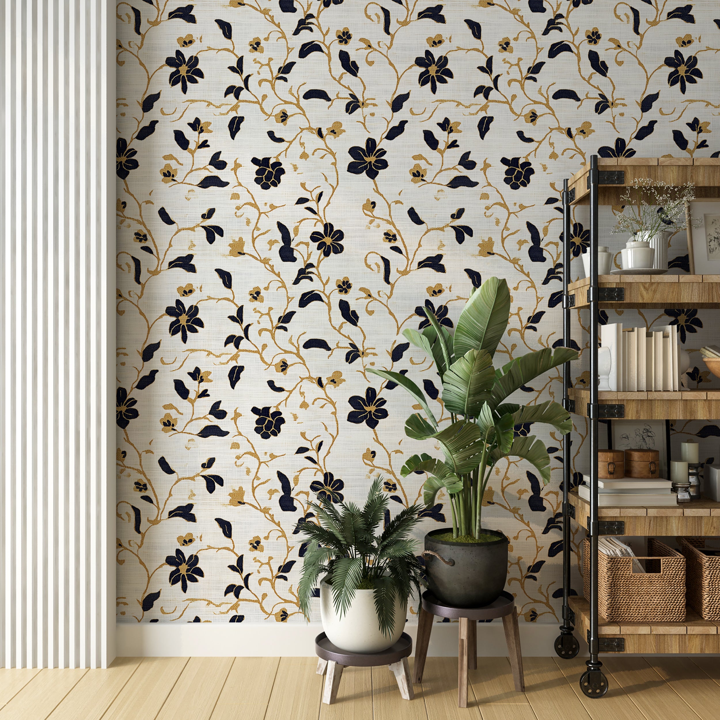 Luxurious floral wallpaper with black and gold flowers on white
Vintage botanical wallpaper for a timeless and elegant look