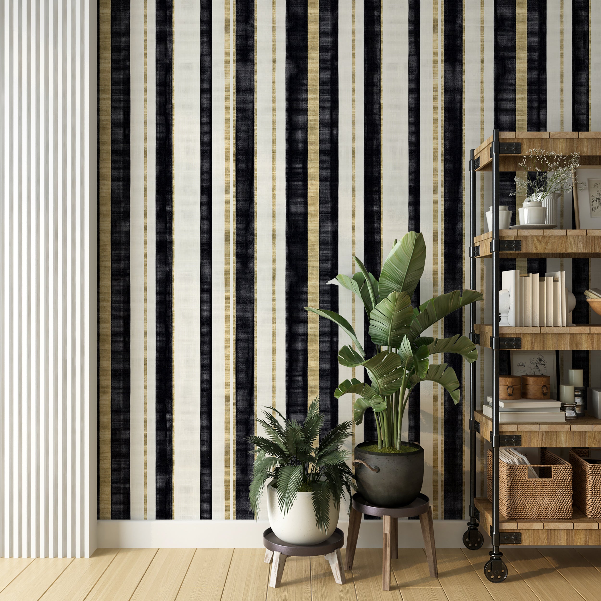 Easy-to-remove classic wallpaper with blue and gold stripes
Classic striped wallpaper for elegant room accents