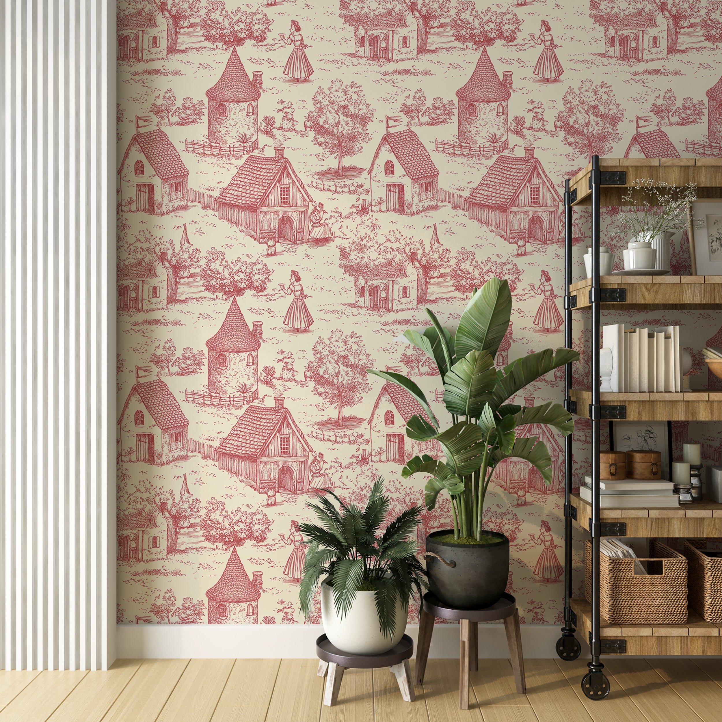 Pink monochrome village wallpaper for vintage French-style decor
Peel and stick houses wallpaper for a romantic village atmosphere