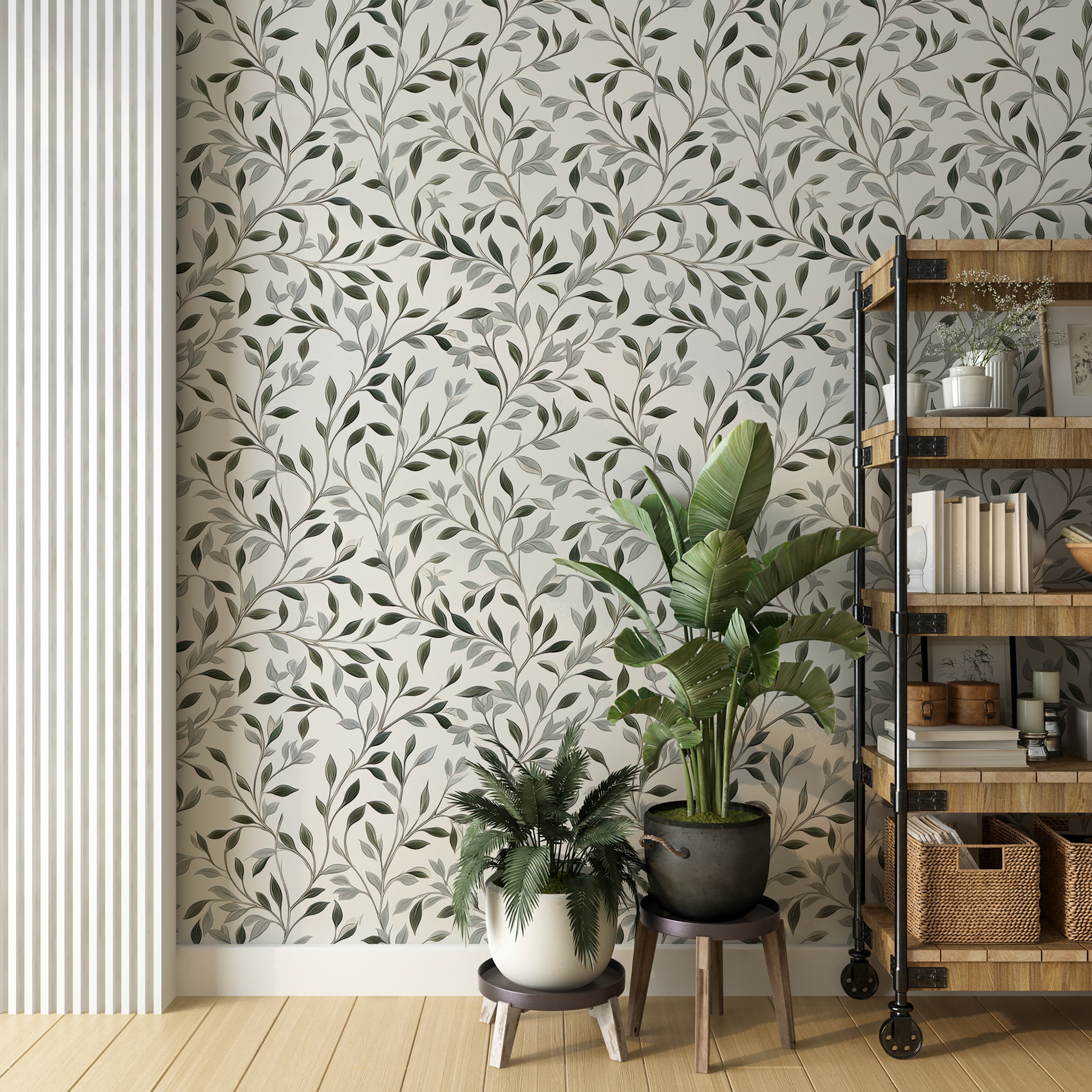 Subtle botanical wallpaper for minimalist home interiors
Grey leaf wallpaper for creating a calming room atmosphere