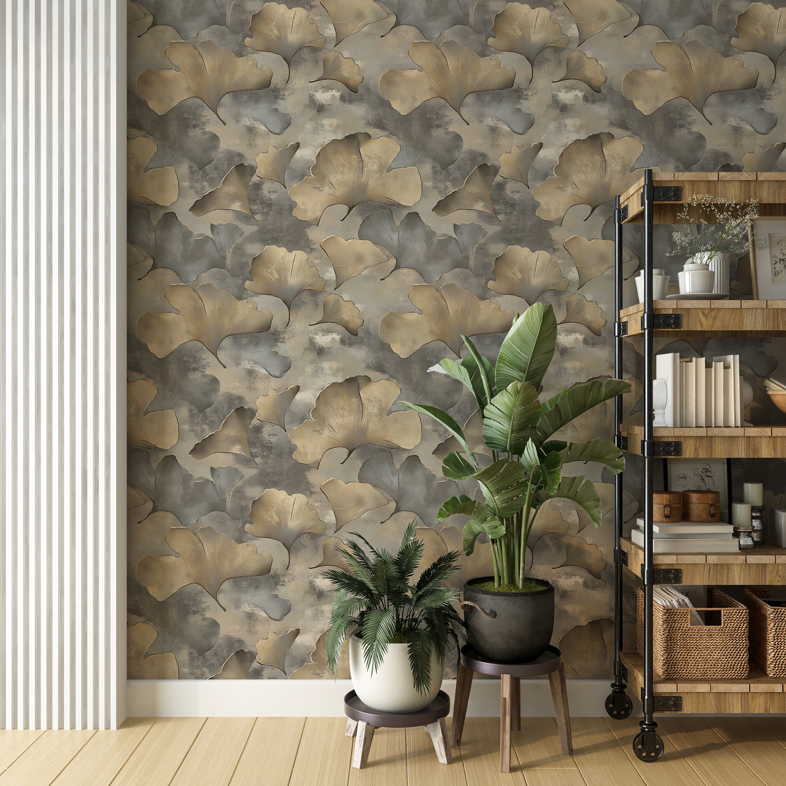 Ginkgo leaves wallpaper for luxury botanical wall decor
Peel and stick beige and grey wallpaper with ginkgo leaf design