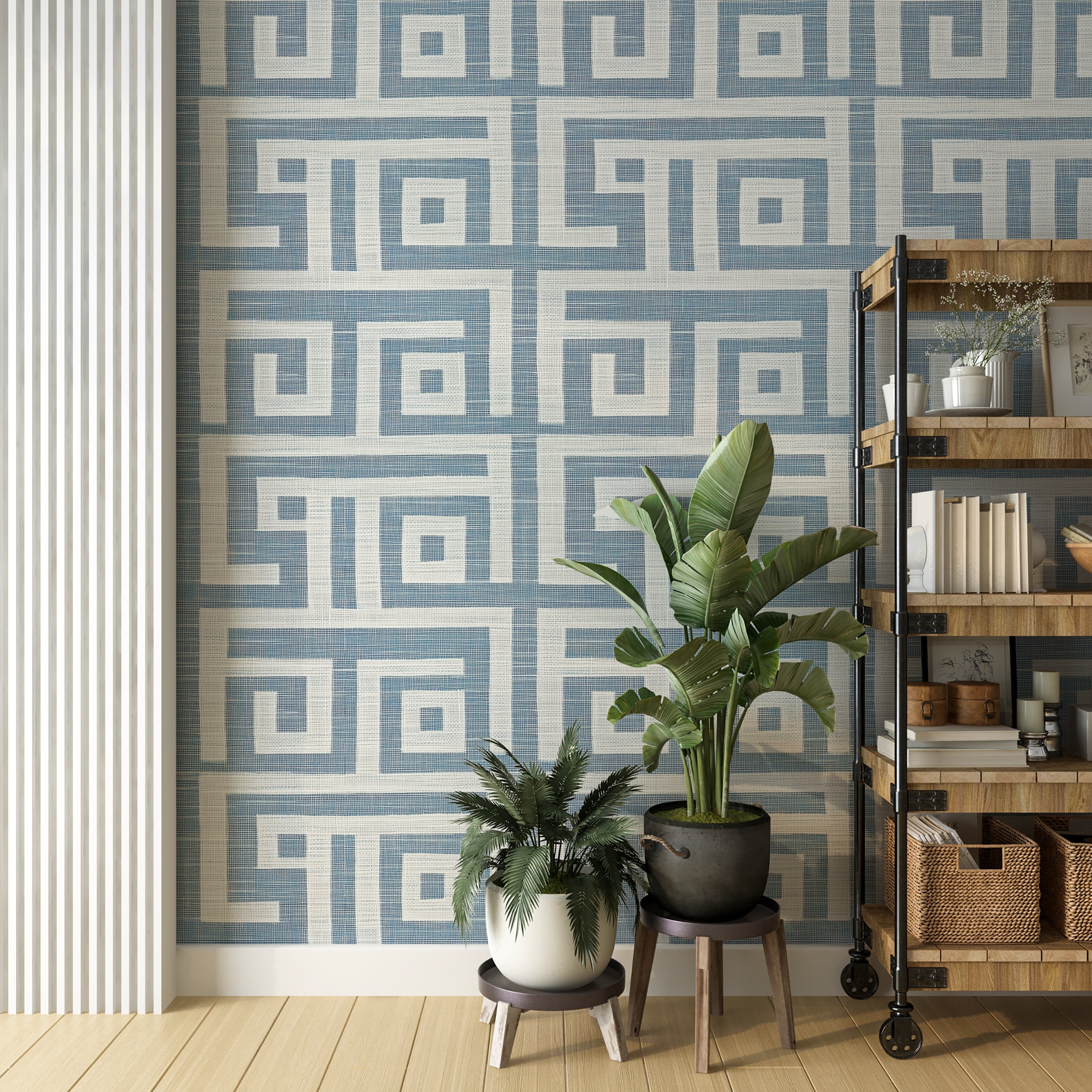 Crisp blue and white wallpaper for modern room designs
Light blue geometric wallpaper for creating a serene ambiance