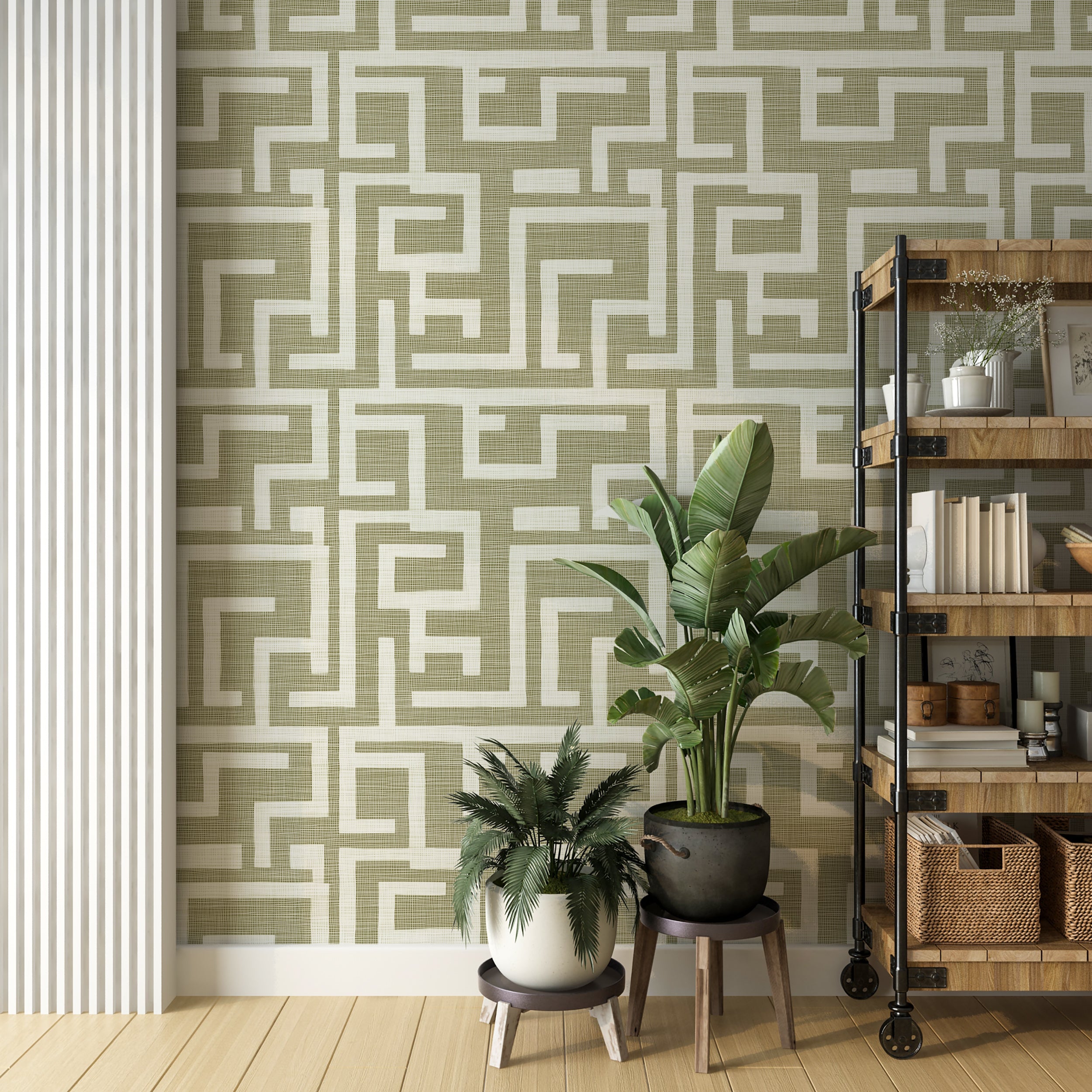 Light olive and white geometric wallpaper for modern decor
Peel and stick linen style wallpaper with olive line art