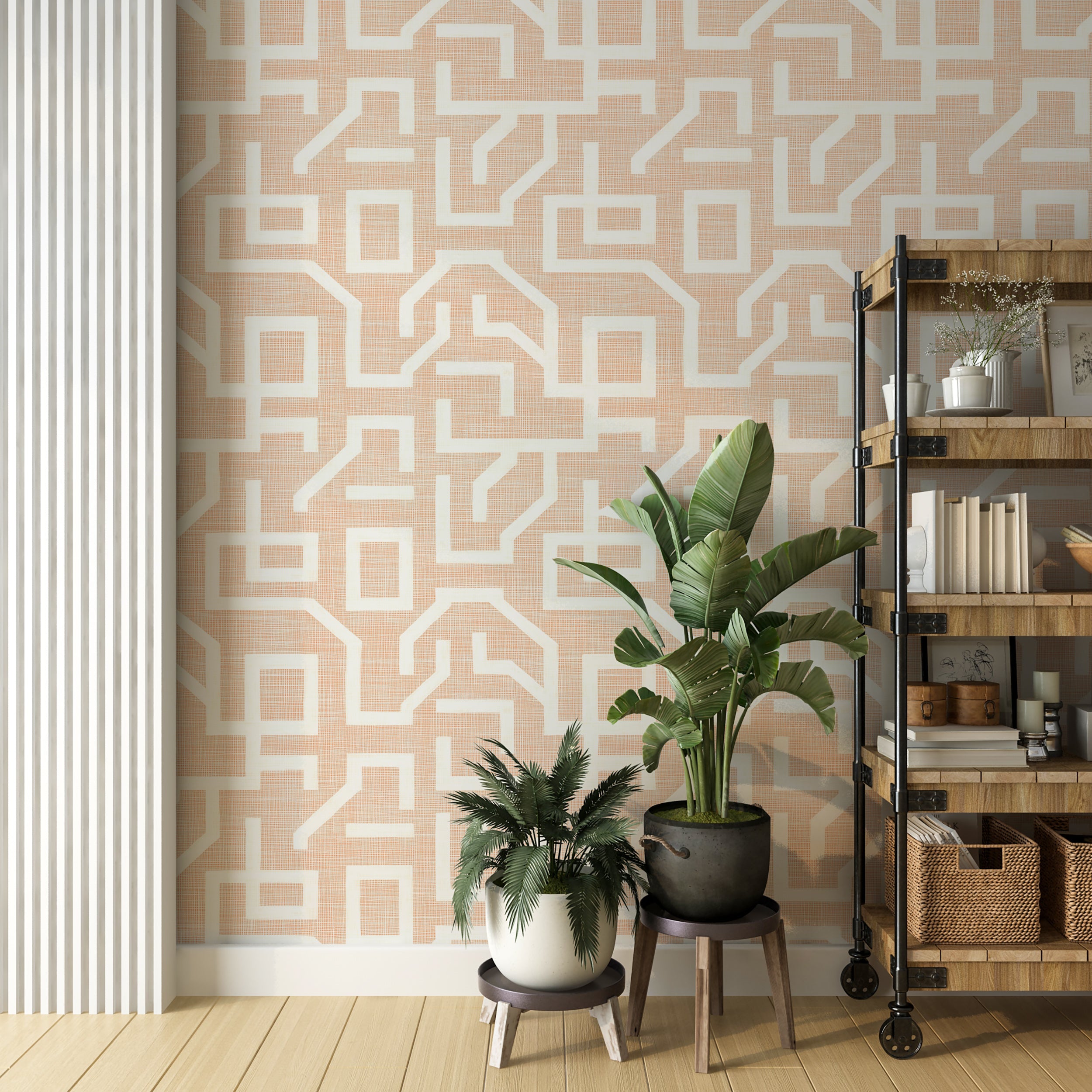 Greek pattern wallpaper with subtle peach and white tones
Soft geometric wallpaper ideal for living rooms and bedrooms