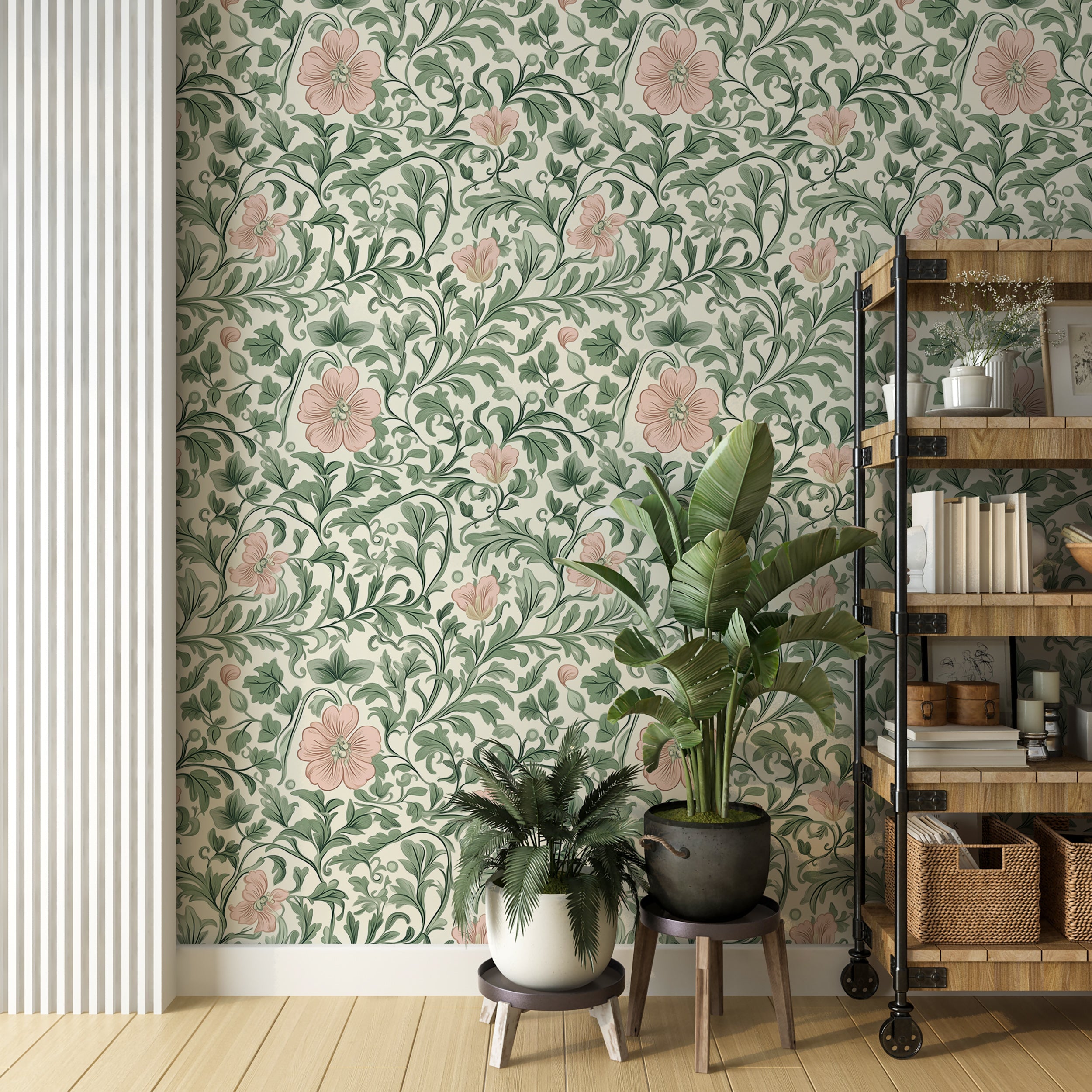 Pink and green floral wallpaper inspired by William Morris
Peel and stick botanical wallpaper with classic greenery