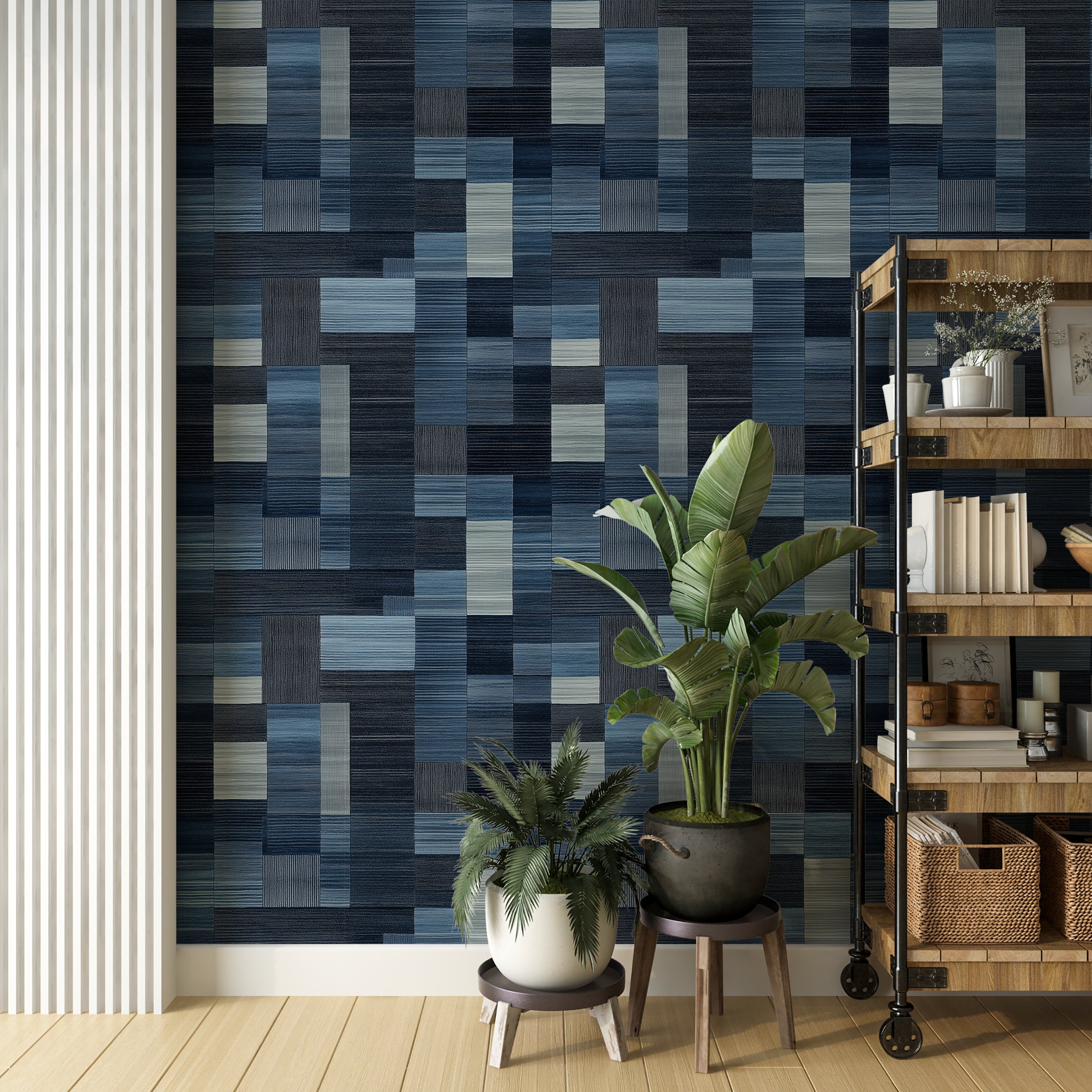 Dark Blue and Grey Squares Contemporary Wallpaper, Peel and Stick Geometric Scandinavian Wallpaper