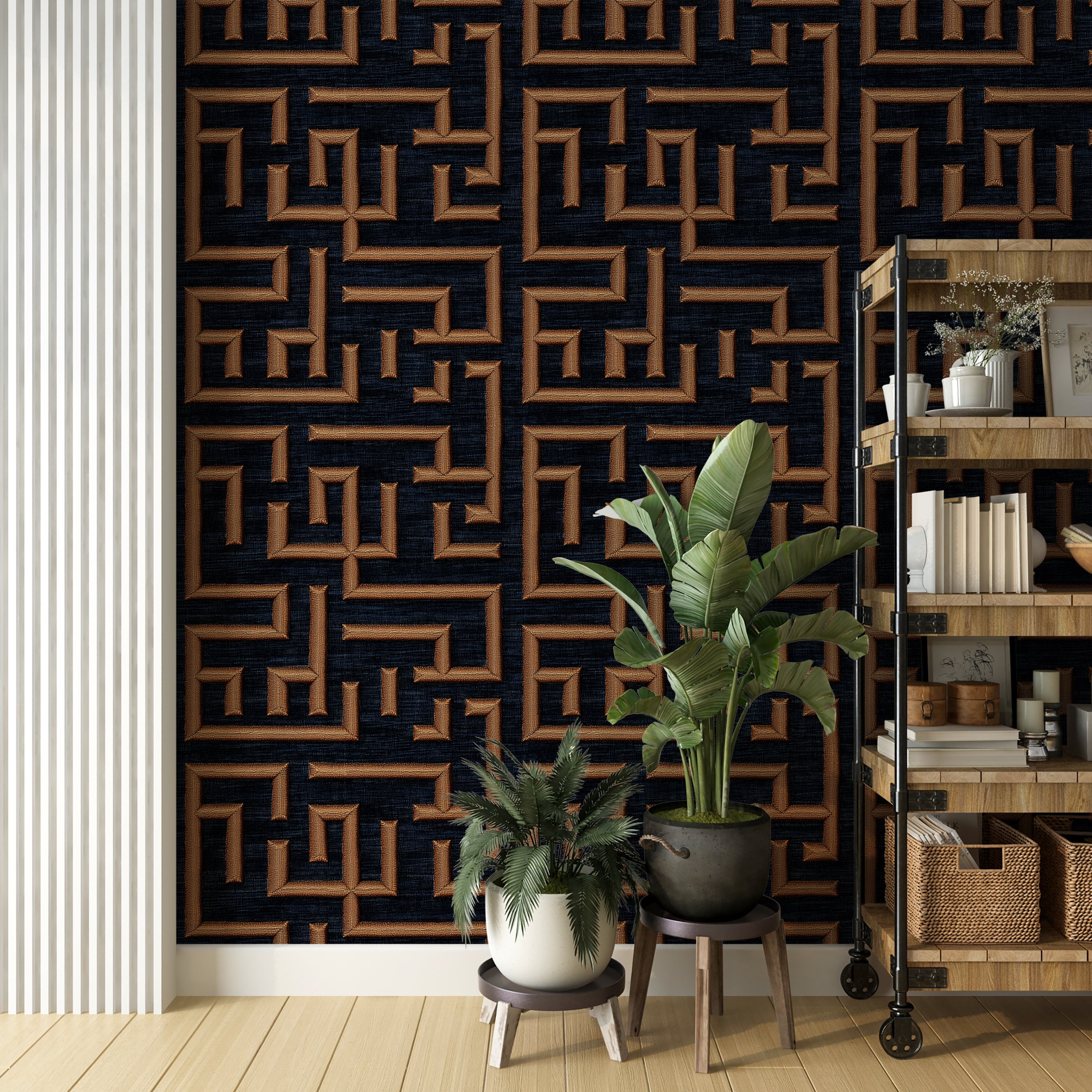 Navy Blue and Gold Key Pattern Wallpaper, Peel and Stick Dark Geometrical Wallpaper