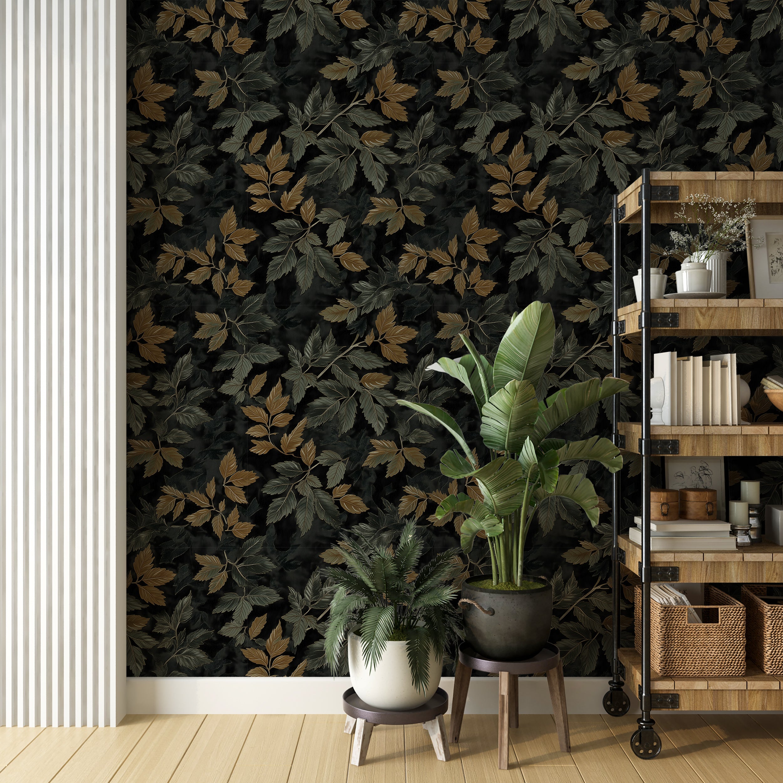 Easy-to-remove wallpaper with forest leaves pattern
Rich botanical wallpaper for a serene interior look