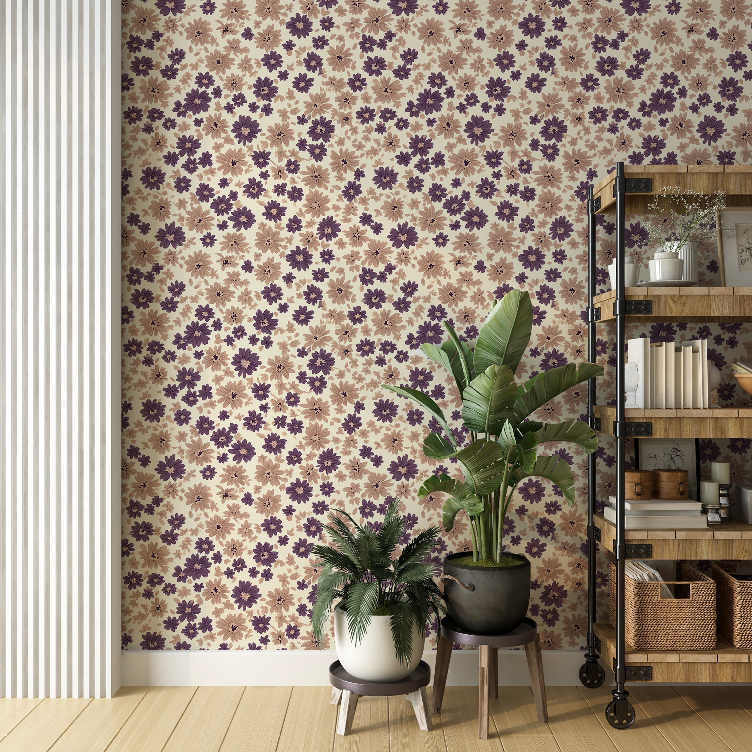 Small chrysanthemums wallpaper for floral wall decor
Peel and stick light floral wallpaper with beige and purple flowers