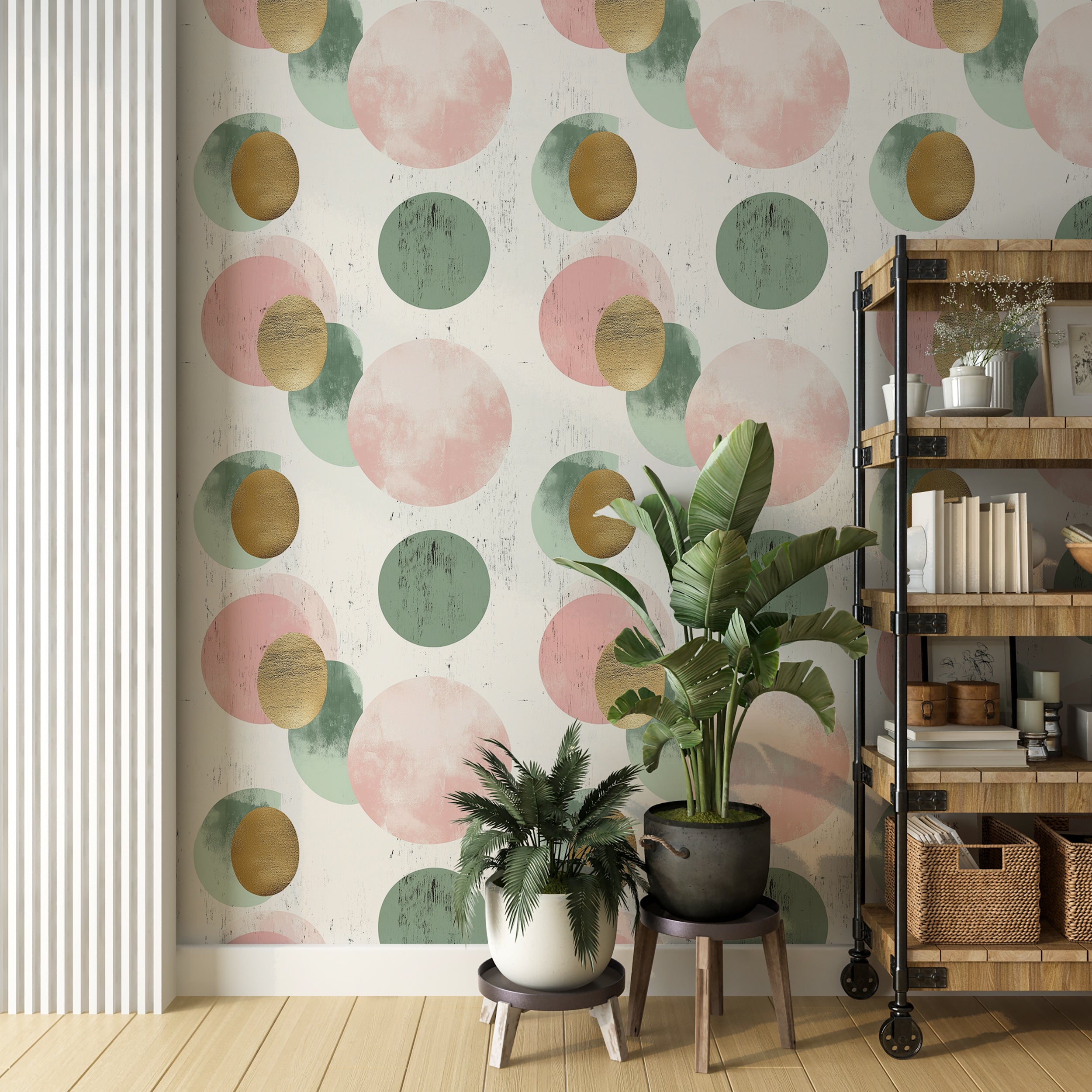 Easy-to-remove wallpaper with mid-century circle pattern
Pink green gold dots wallpaper for stylish interiors