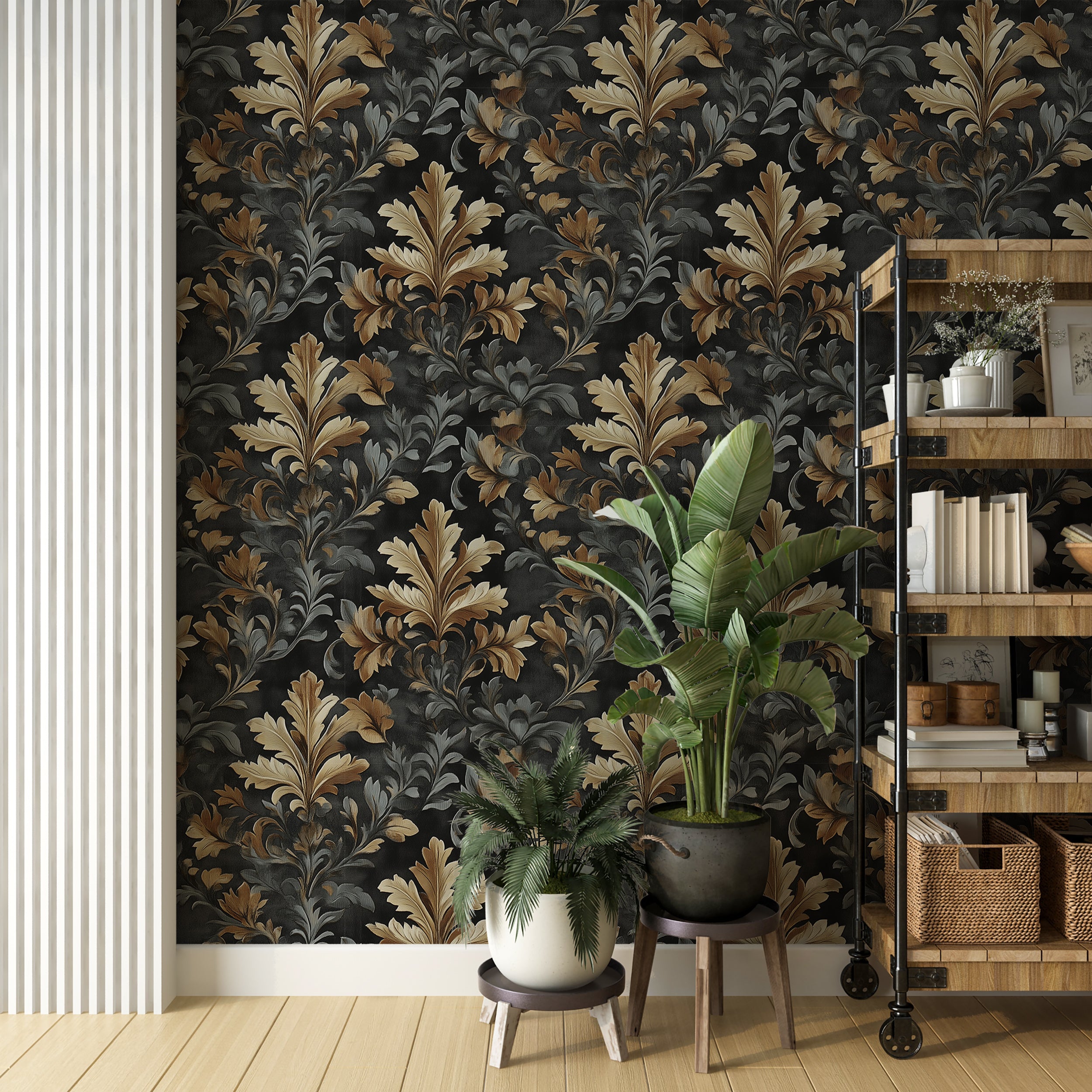 Vintage dark leaves wallpaper for botanical decor
Peel and stick grey and gold leaf pattern wallpaper