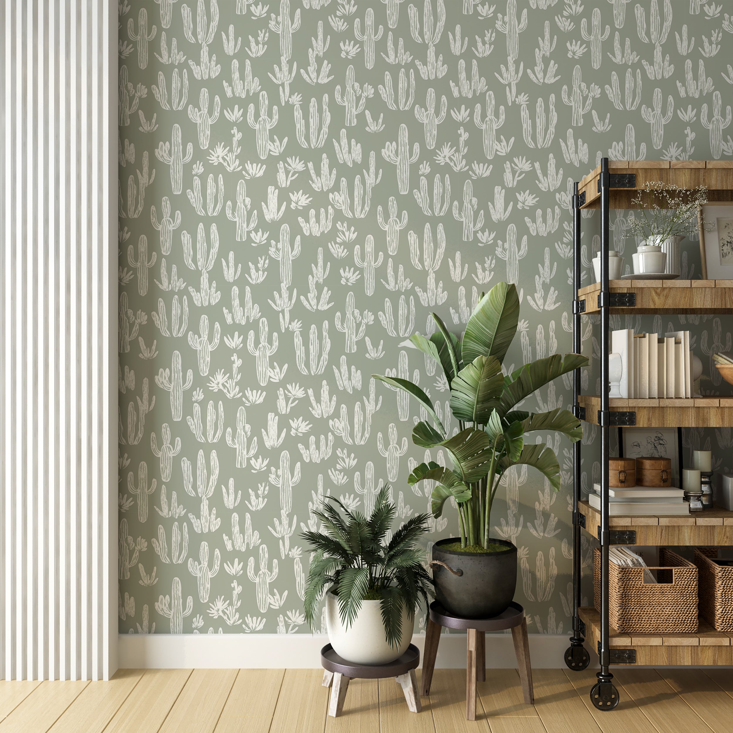 Green and white cactus wallpaper for stylish interiors
Peel and stick botanical wallpaper with desert theme