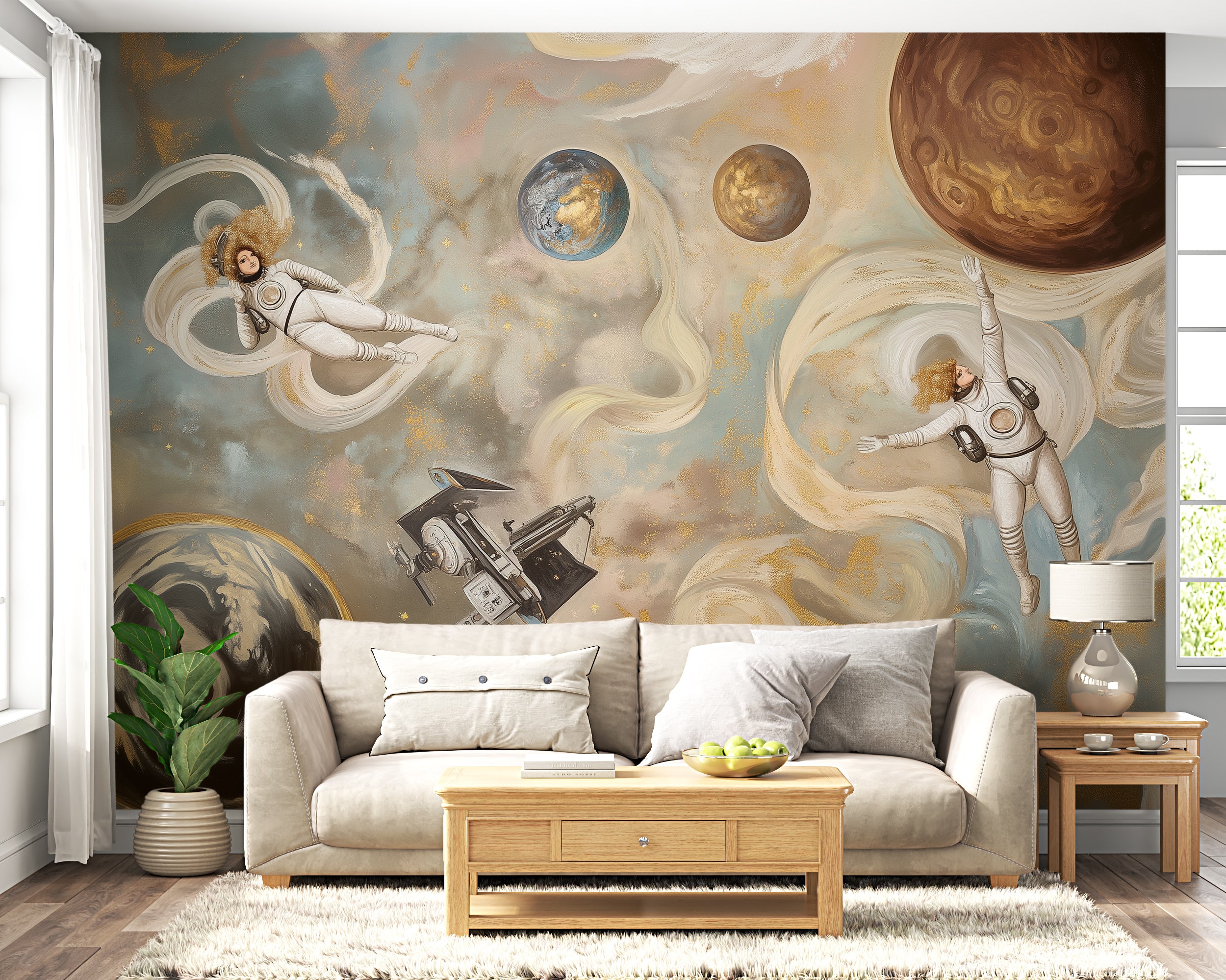 Abstract space wall mural with astronaut art.
Celestial peel-and-stick wallpaper with planets.