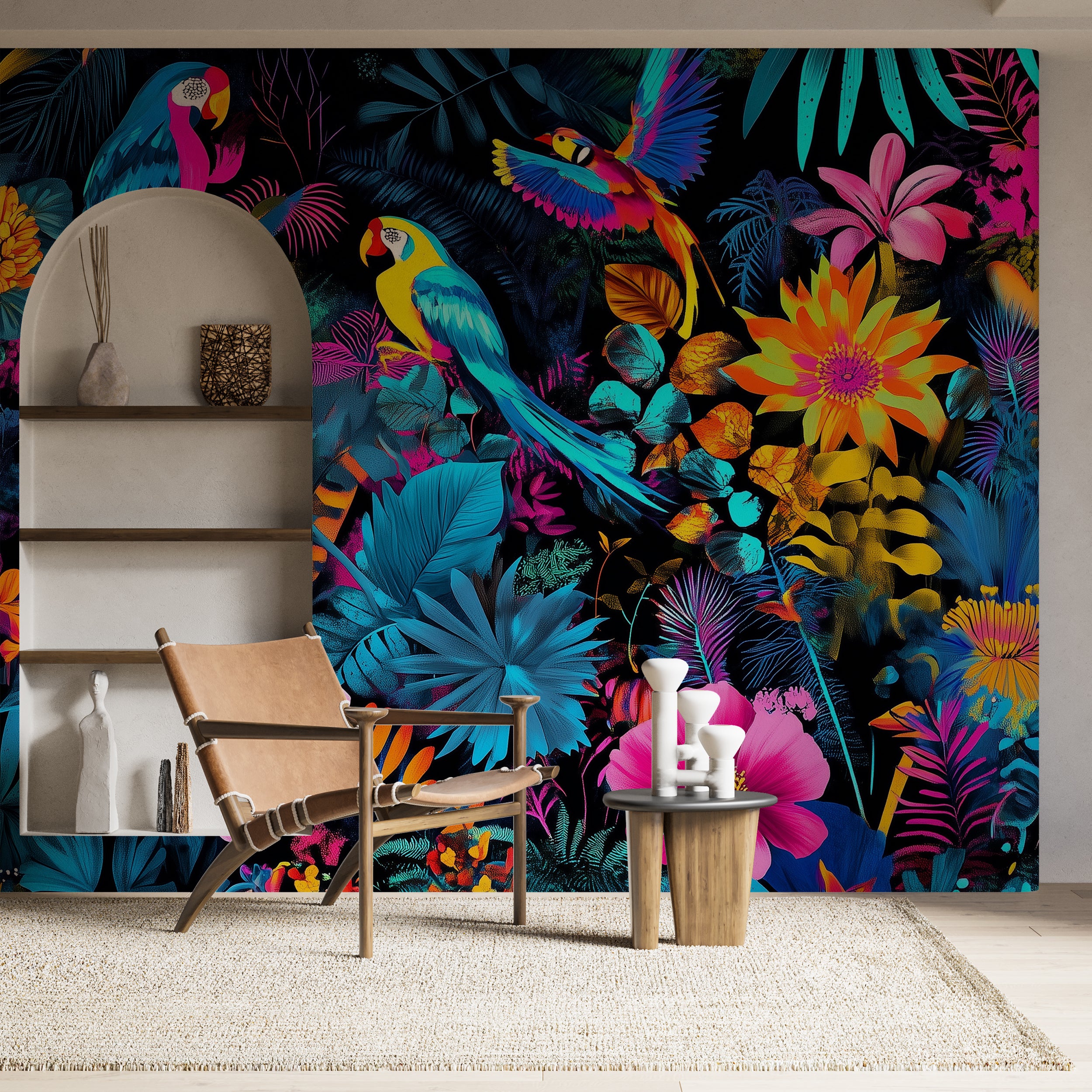 Bold and bright jungle scene wallpaper.
Peel-and-stick neon wildlife mural for interiors.