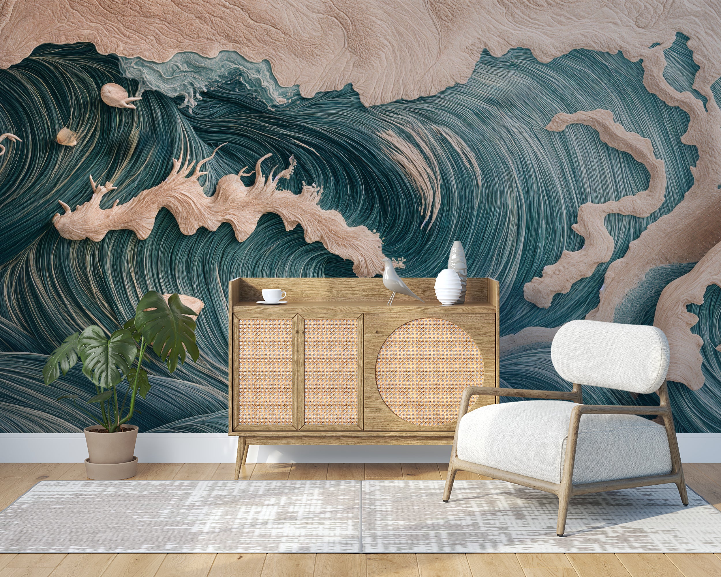 Ocean waves wall mural with abstract sea design.
Peel-and-stick nautical wallpaper with wavy patterns.