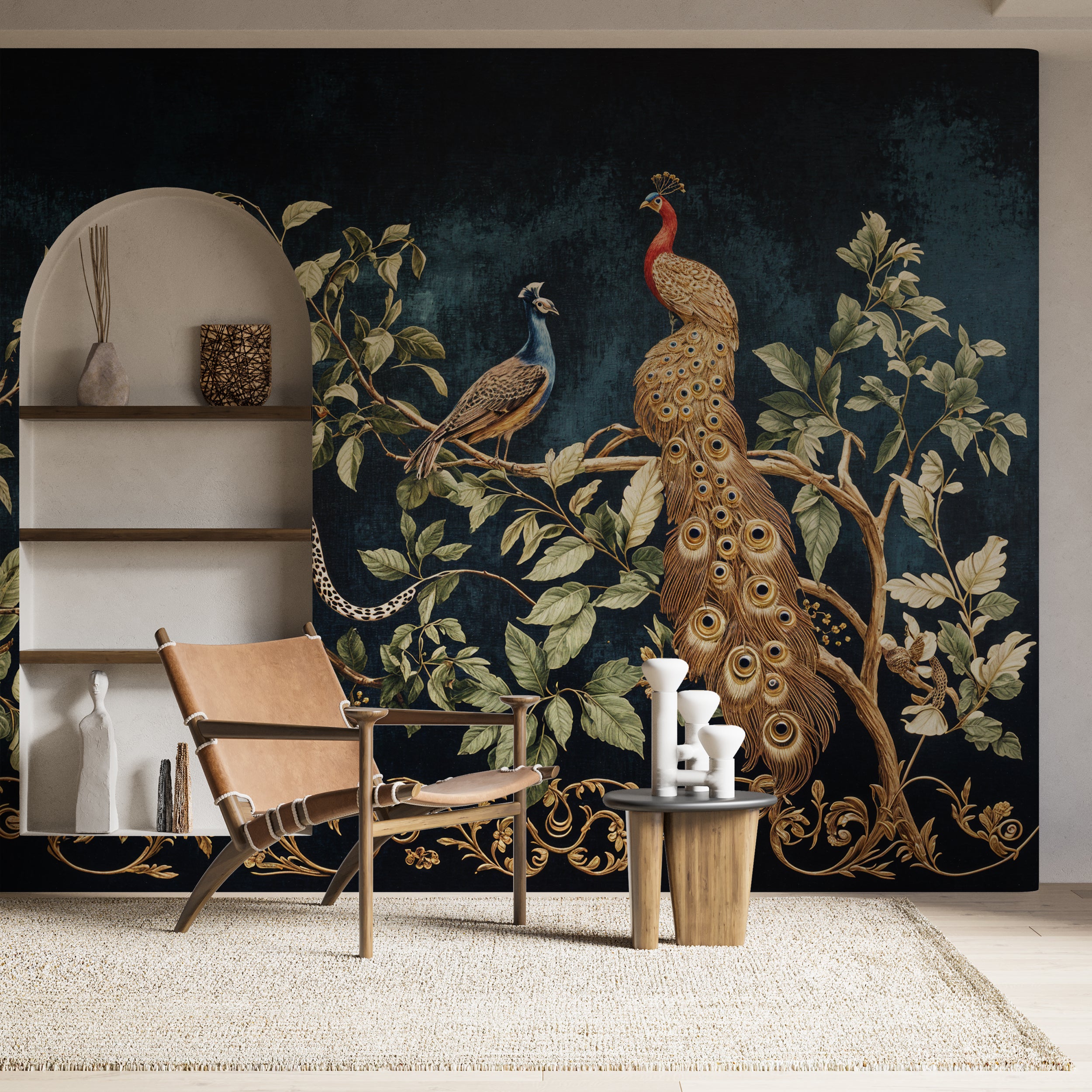 Exotic wildlife chinoiserie wall mural in blue tones.
Luxurious removable wallpaper with gold floral accents.