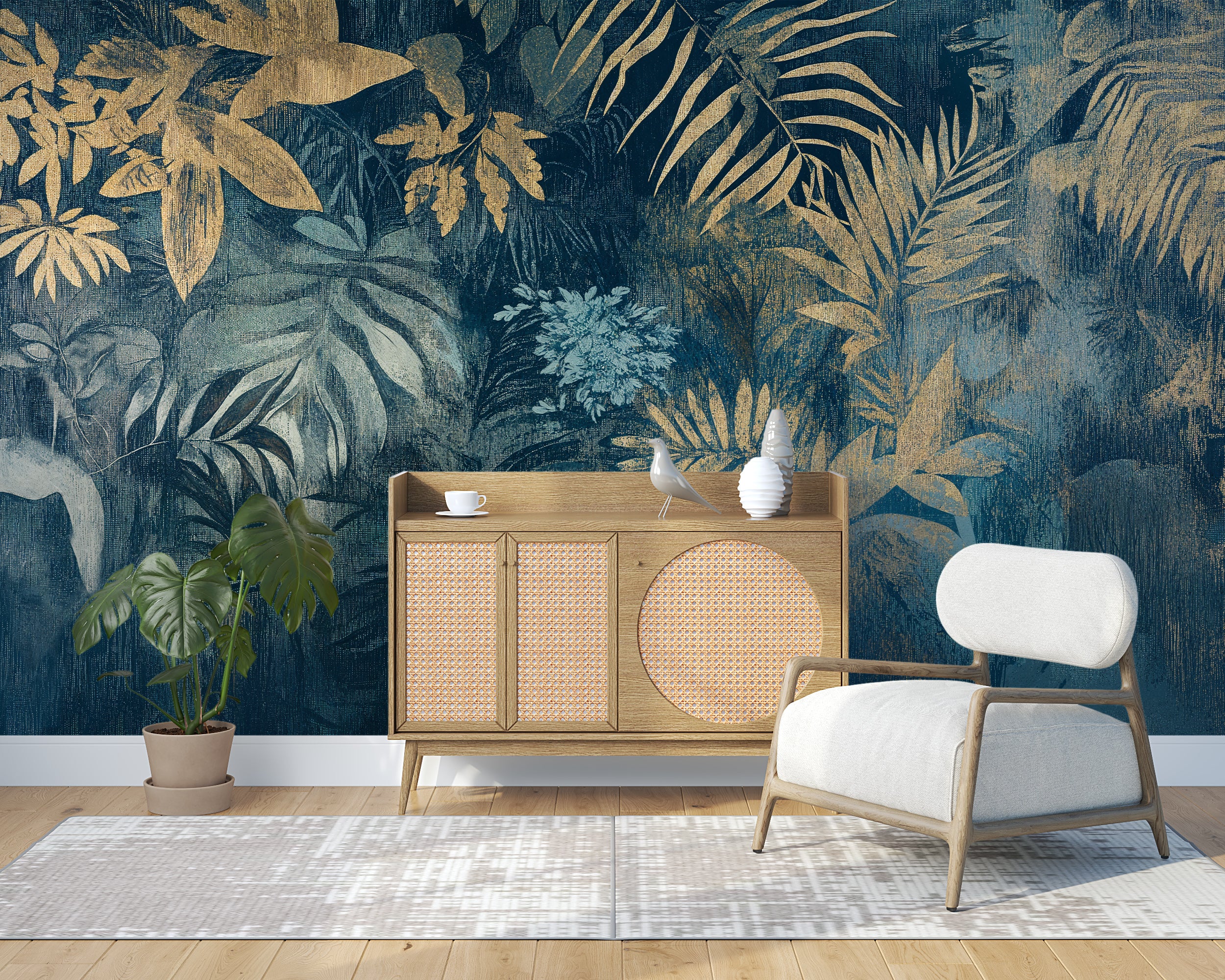 Vintage-inspired jungle mural for elegant interiors.
Muted botanical wallpaper with gold leaf accents.