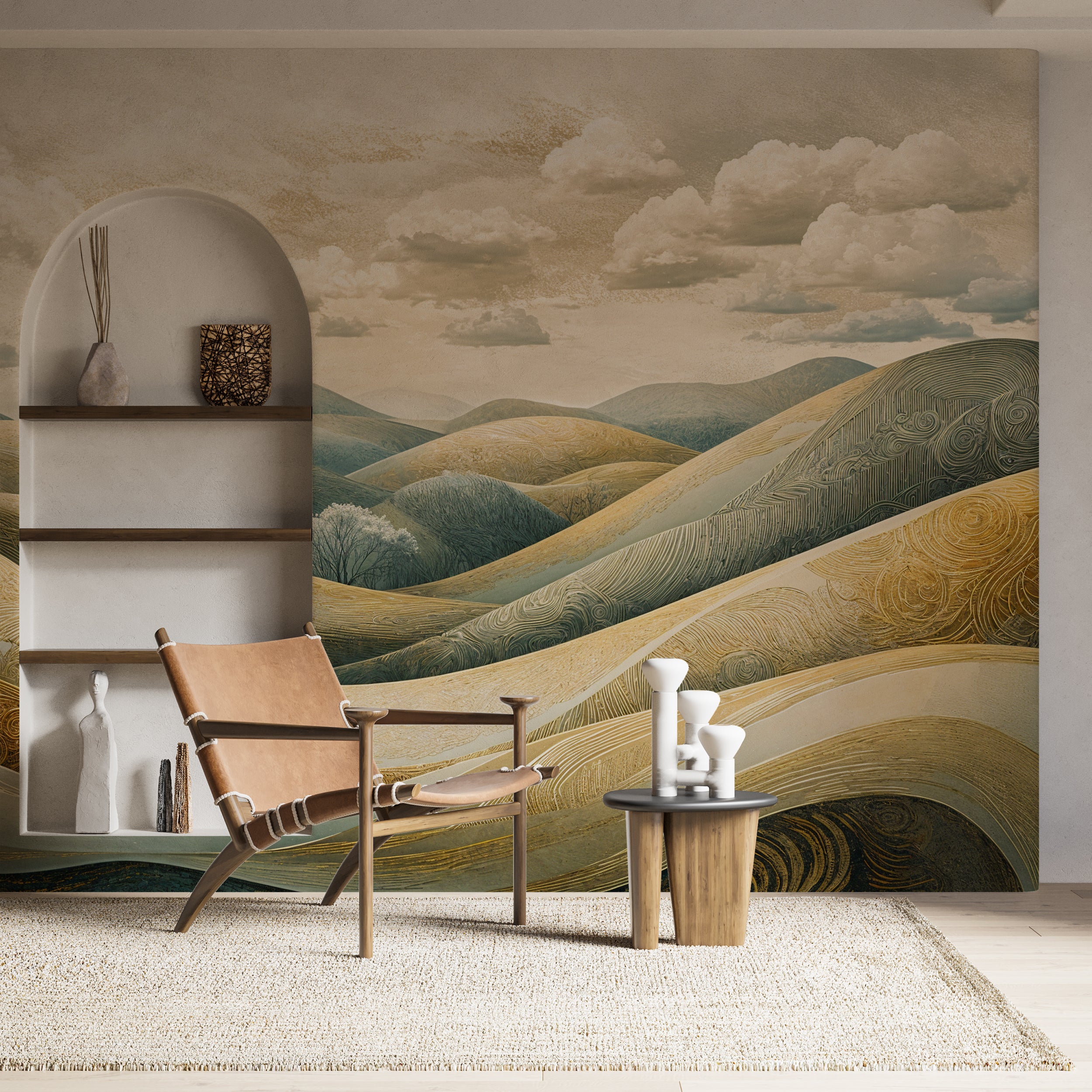 Vintage-style meadow and hills wall mural.
Removable countryside-themed wallpaper in warm tones.