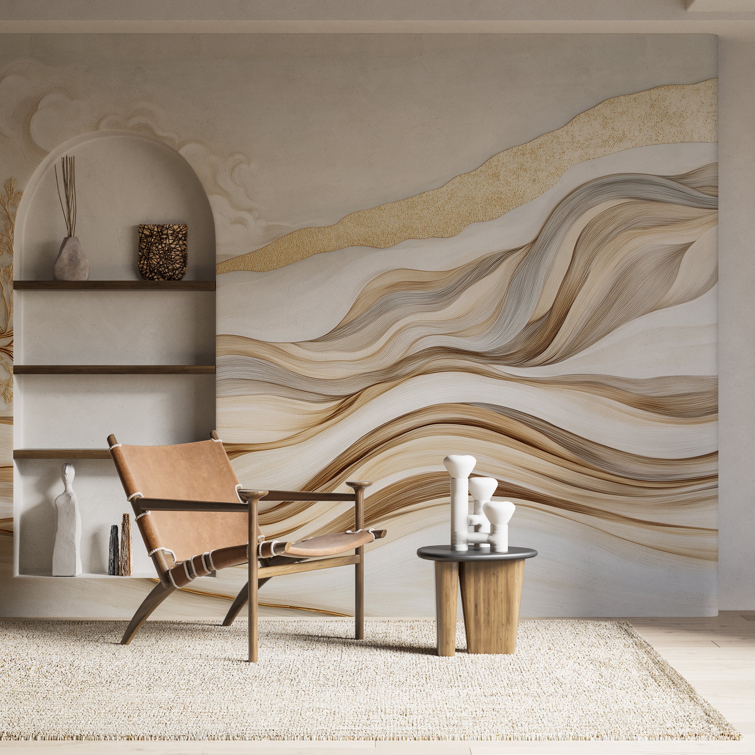 Artistic flowing line mural in soft colors.
Stylish wavy pattern wallpaper for cozy interiors.