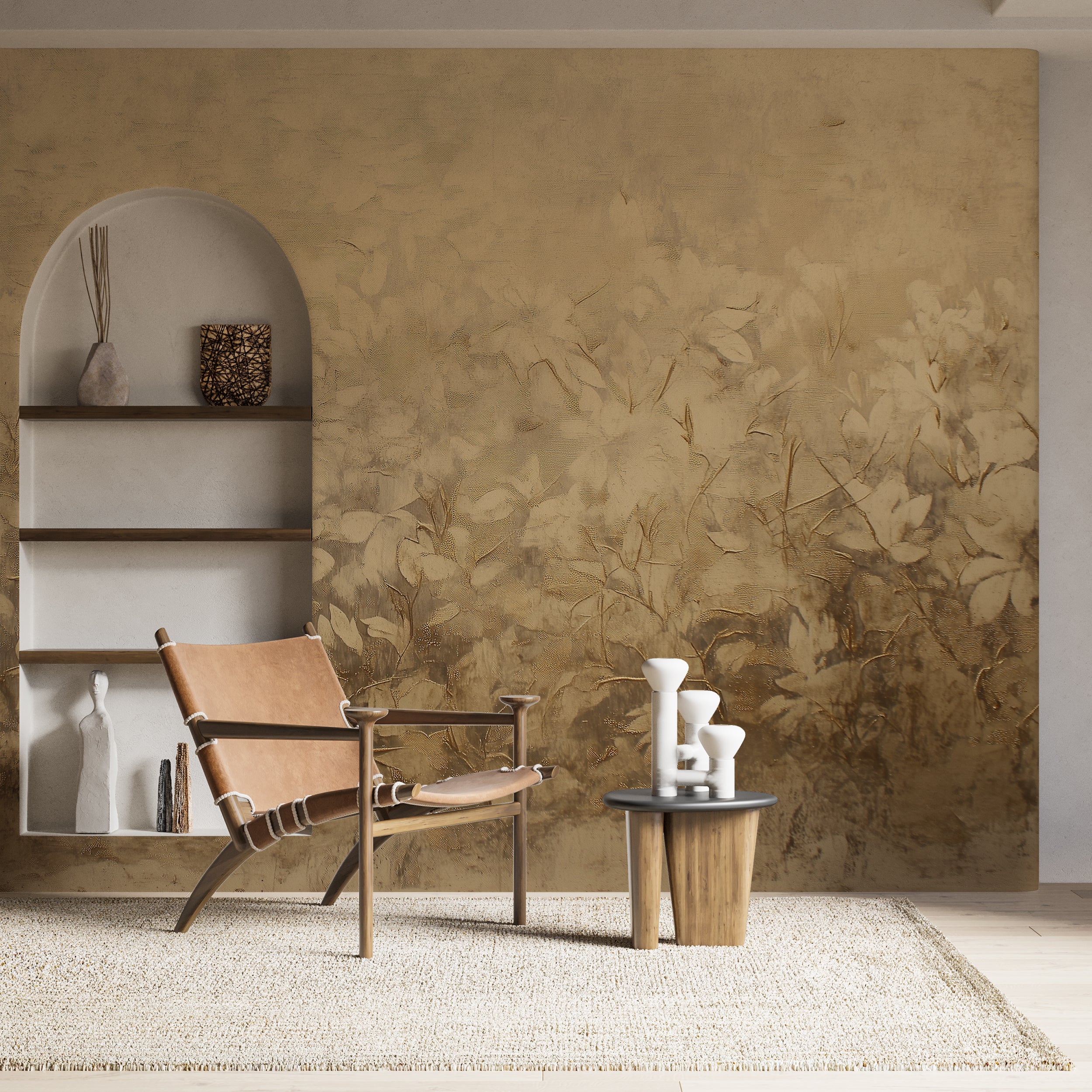 Warm golden accent wall mural.
Antique-style botanical wallpaper for interiors.