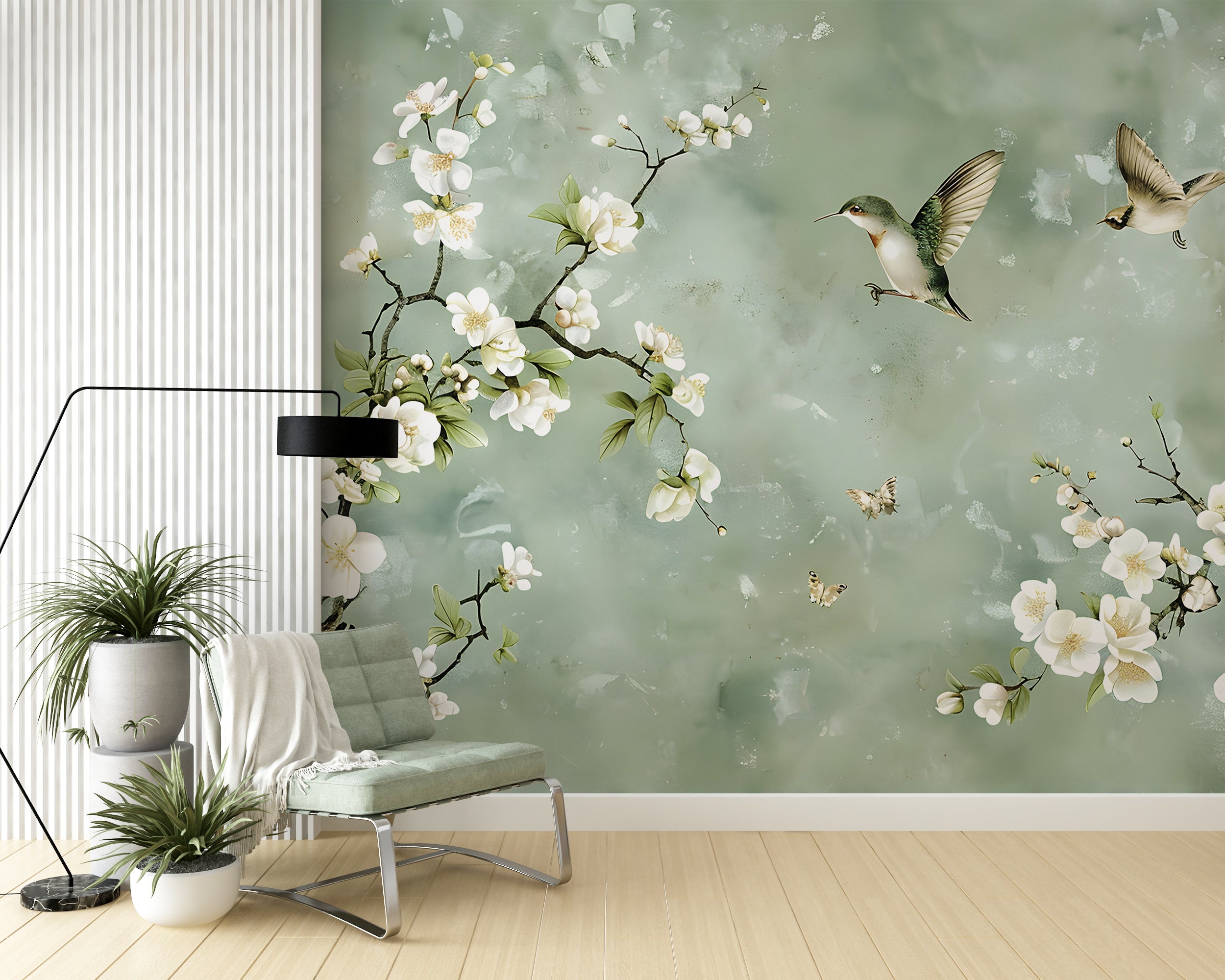 Removable Green Chinoiserie Wall Decor Delicate Floral Wall Covering in Soft Green