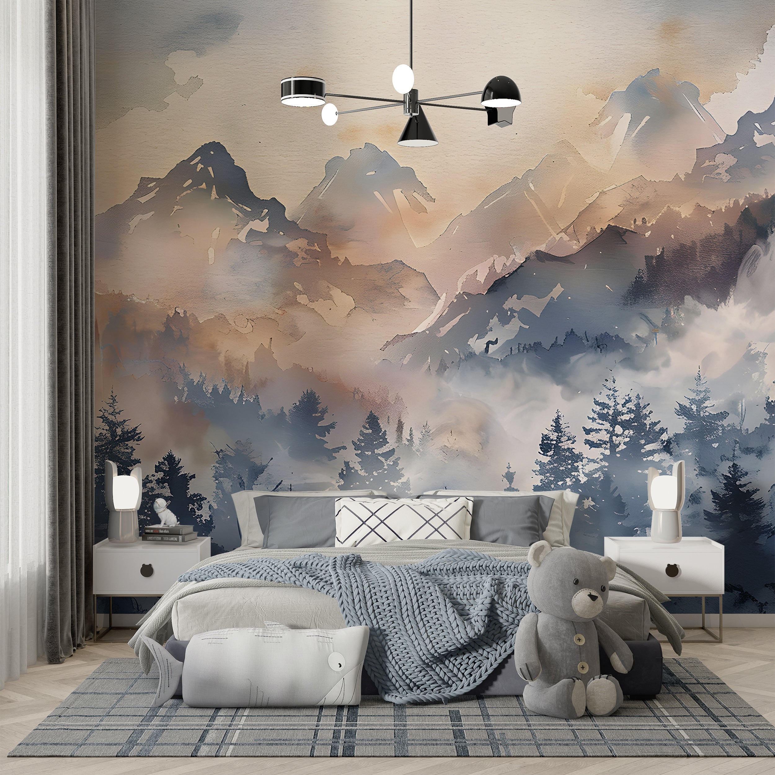 Removable Blue Foggy Forest Wall Decal Tranquil Forest and Mountains Wallpaper