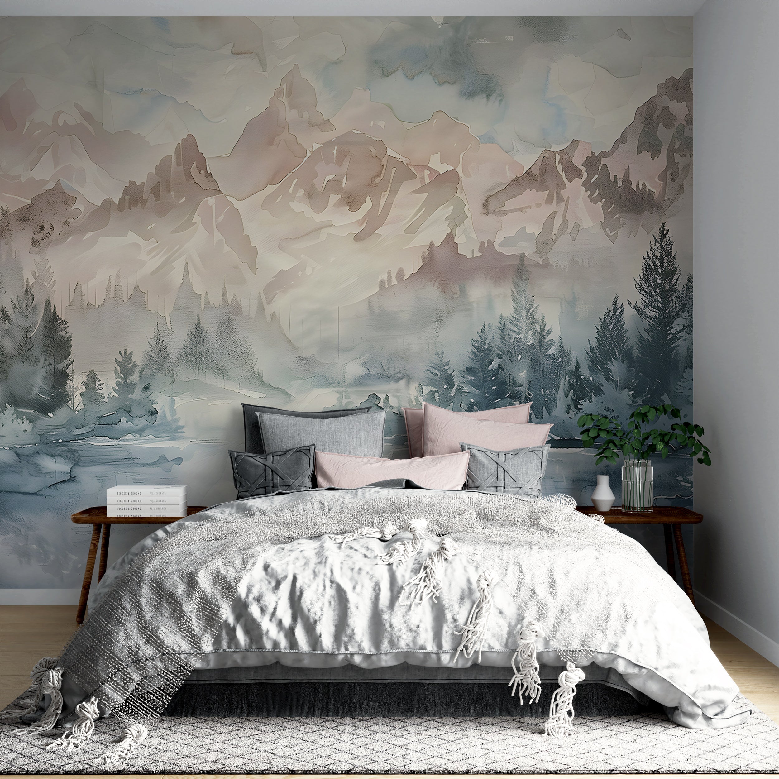 Peaceful Watercolor Mountain Landscape Gentle Hues Nature Wall Art