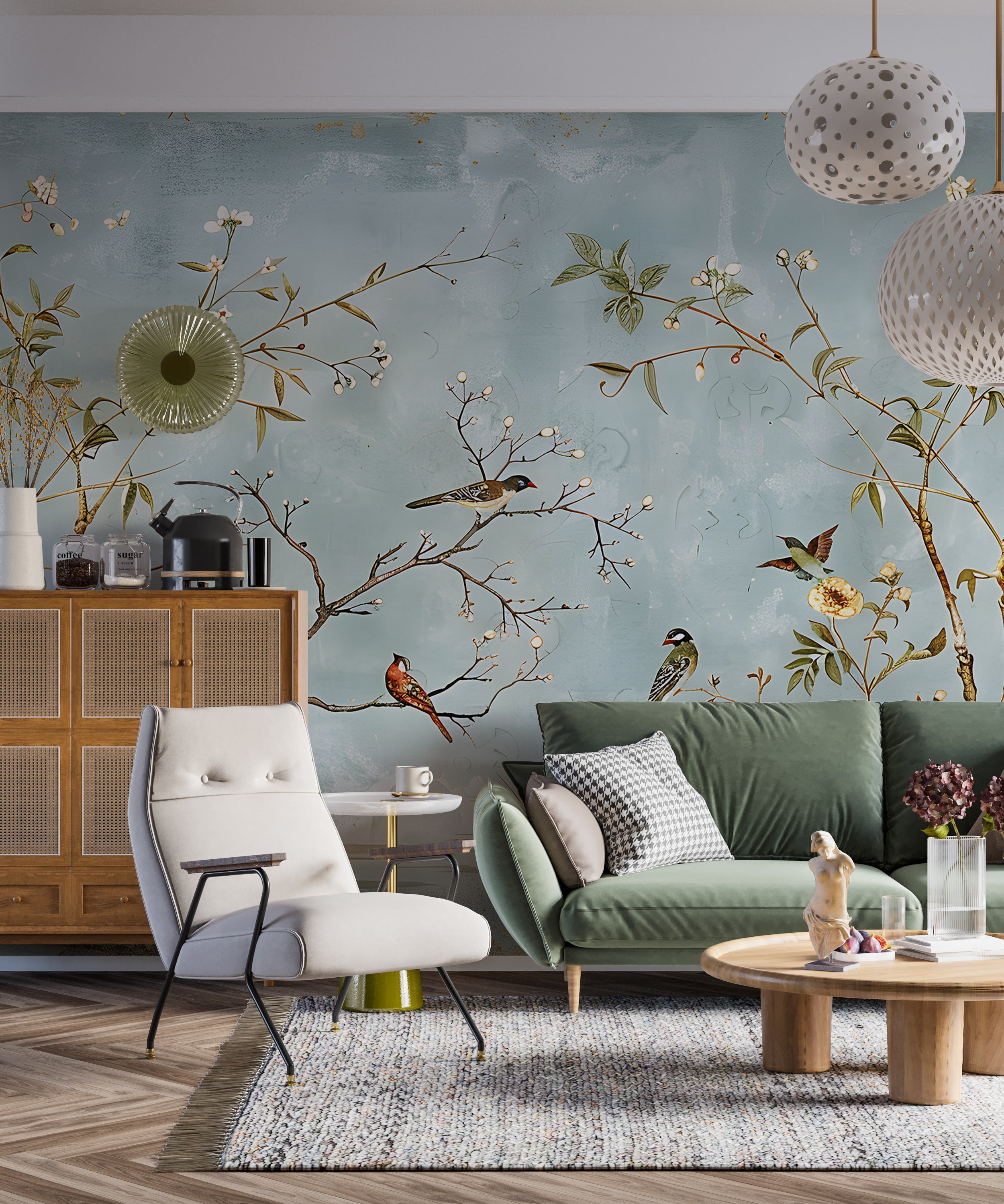 Light Blue Chinoiserie Birds on Trees Wallpaper Pastel Color Botanical Peel and Stick Mural