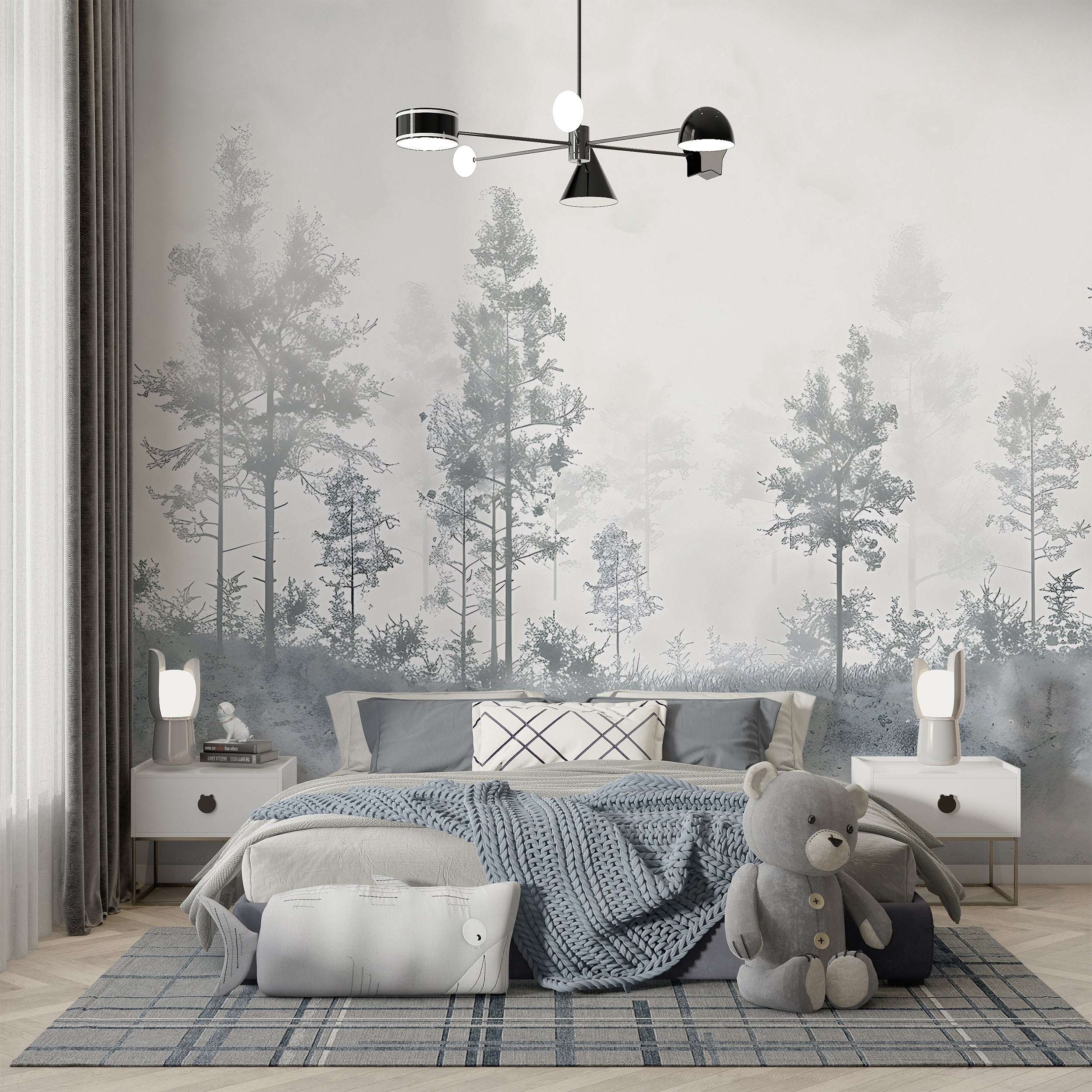 Vintage White and Grey Forest Landscape Wallpaper Peel and Stick Monochrome Trees Wall Mural