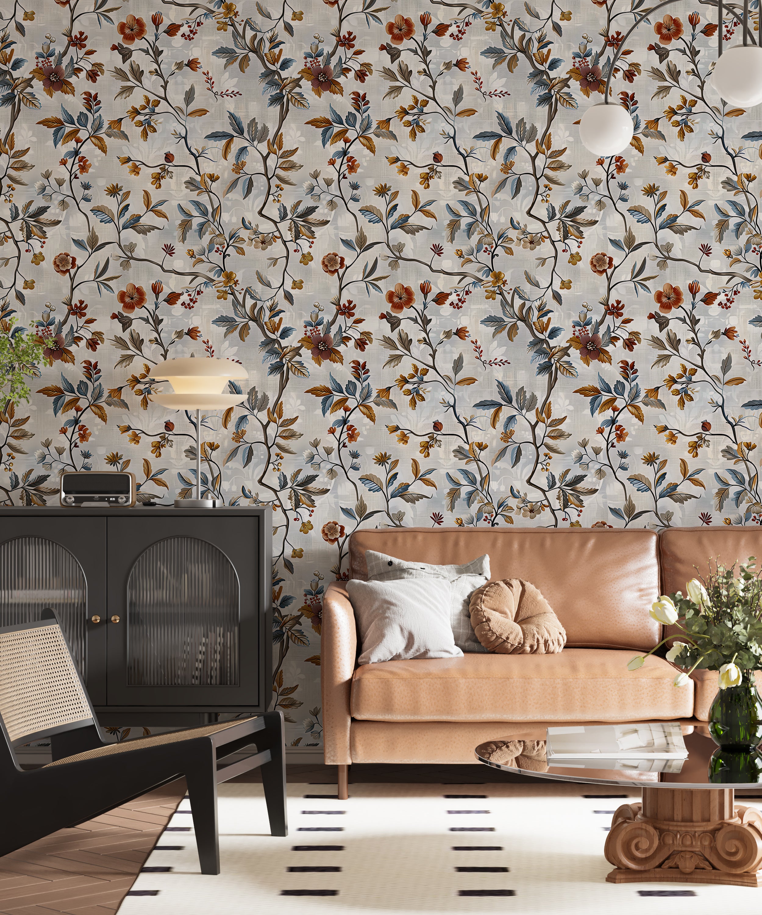 Removable grey floral wallpaper