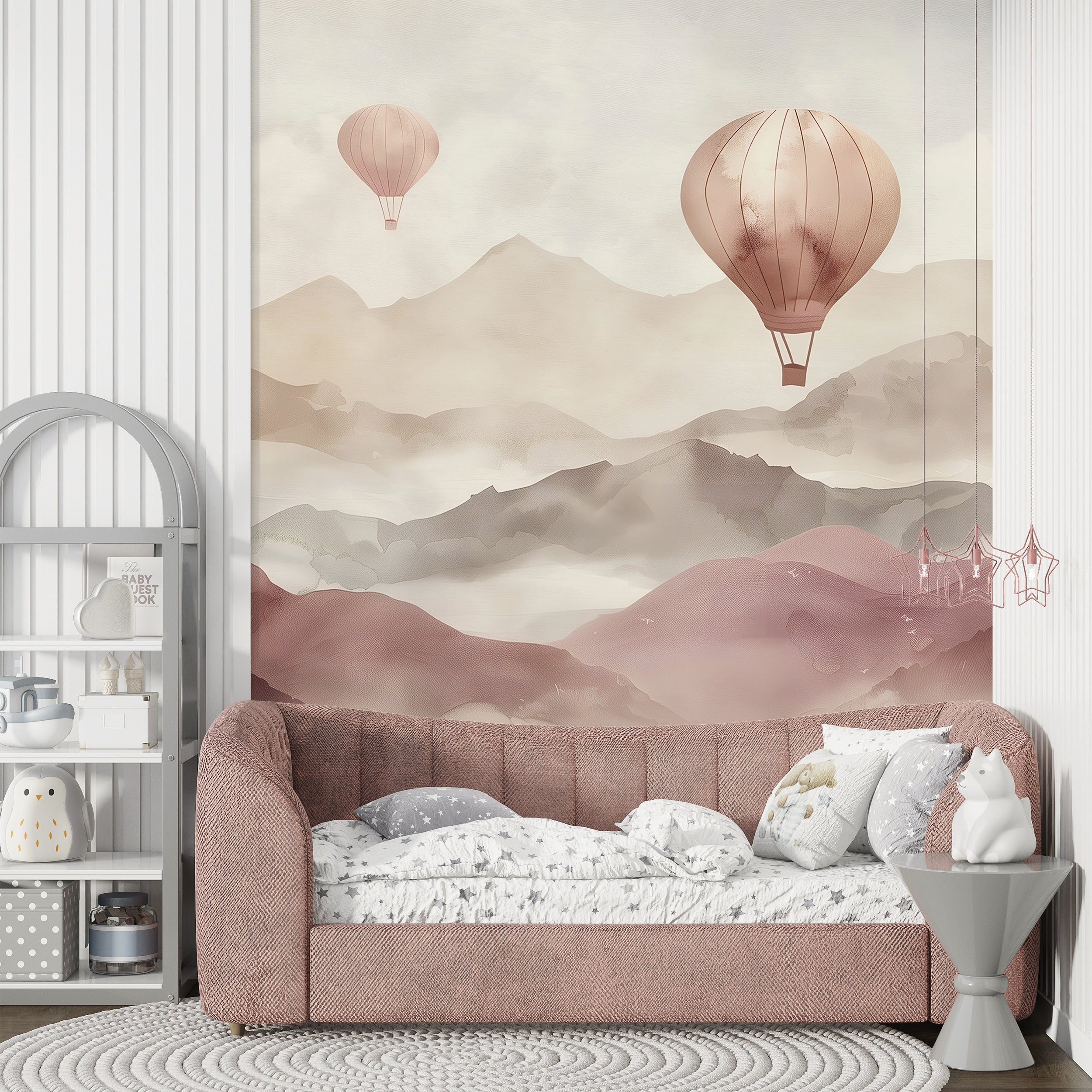 Removable Wallpaper,Flight over the Mountains,Beige Nursery,Air balloons Wall Mural,Peel&Stick,Self Adhesive or outlet Vinyl