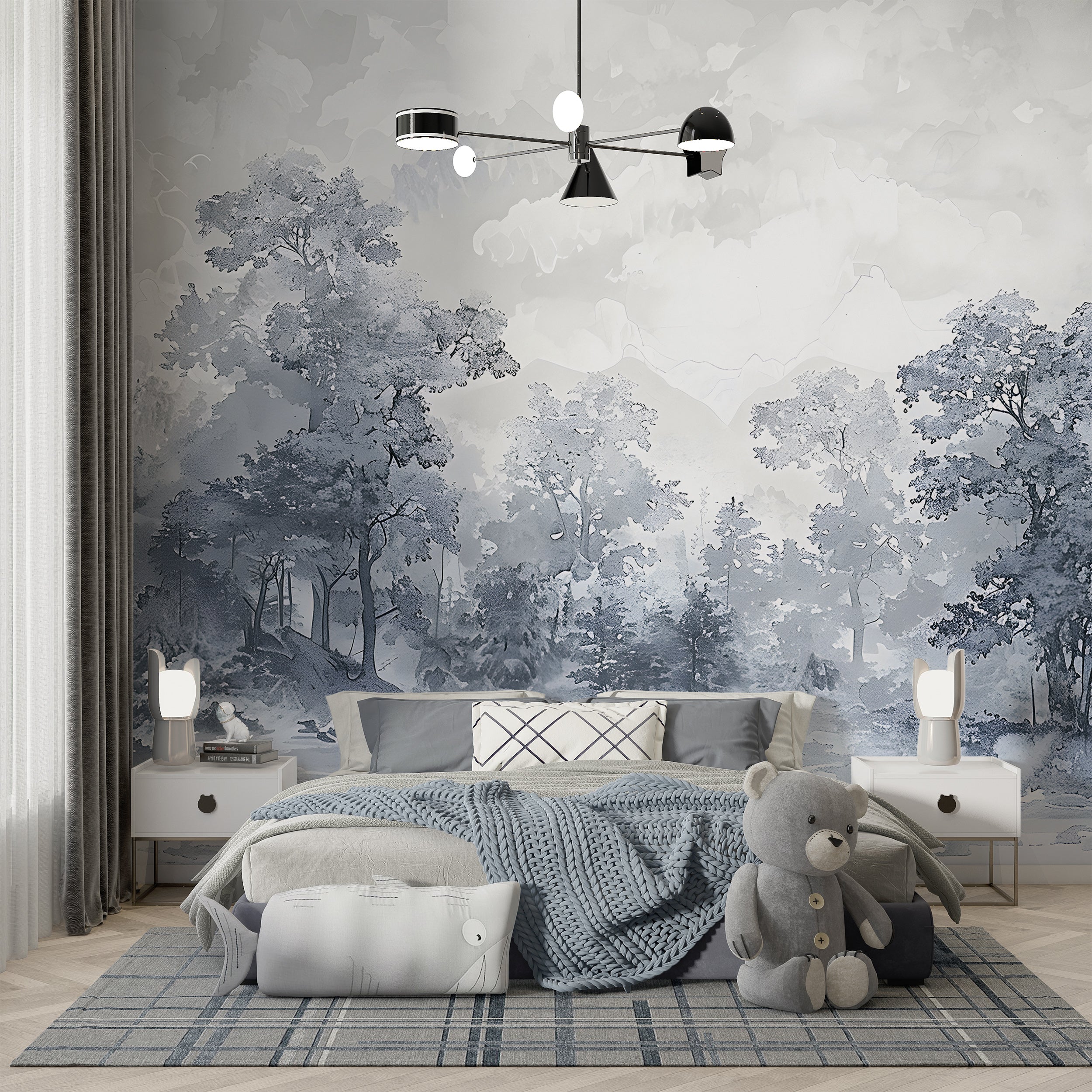 Watercolor grey forest wallpaper Monochrome trees mural