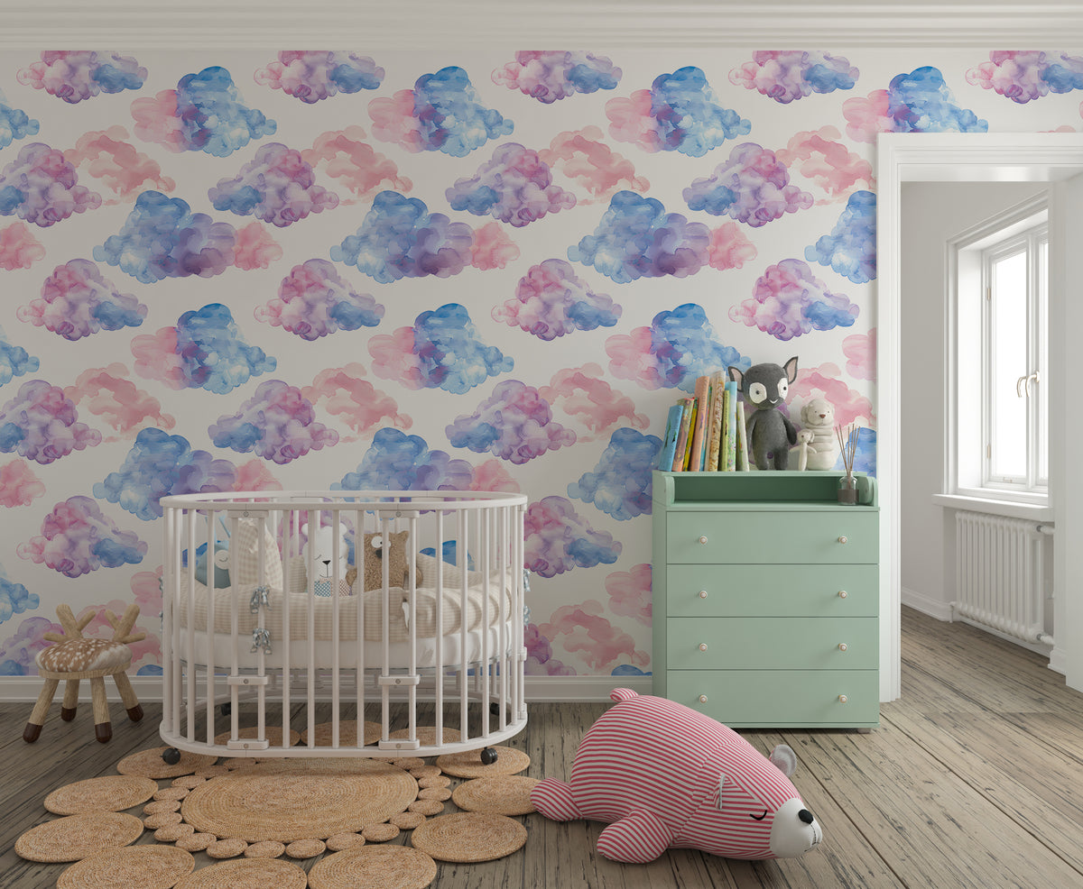 Soft Pink and Blue Clouds Wallpaper - Nursery Pastel Colors Clouds