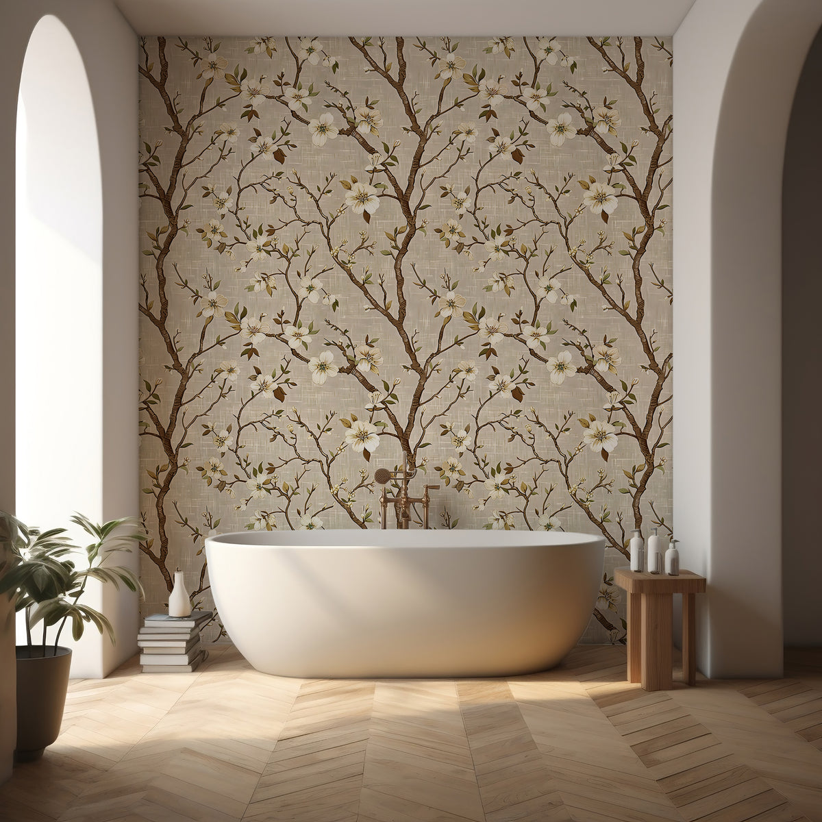 Beige Botanical Wallpaper - White Tree Flowers Wallpaper