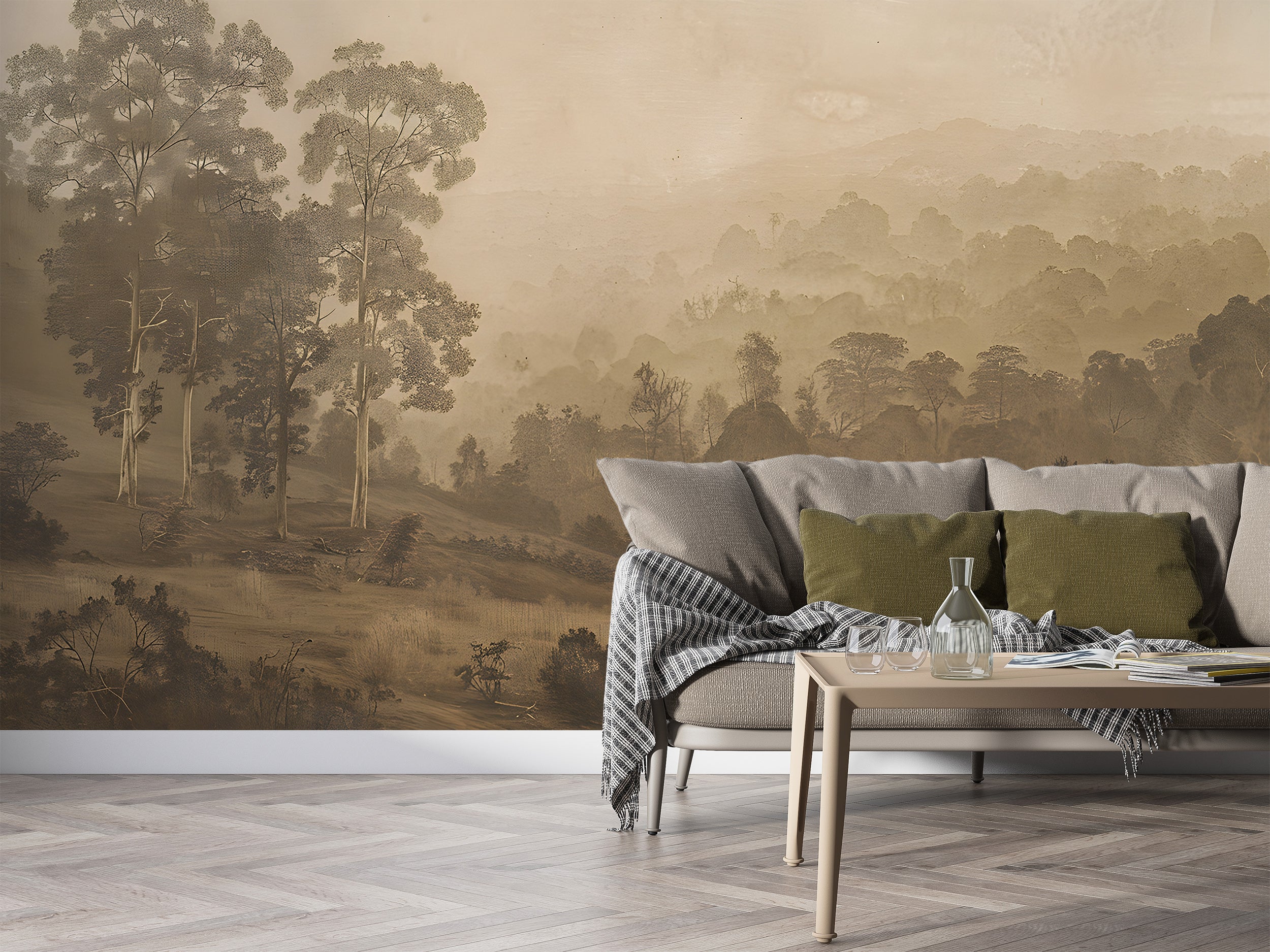 Removable rustic landscape wallpaper Vintage trees wall mural