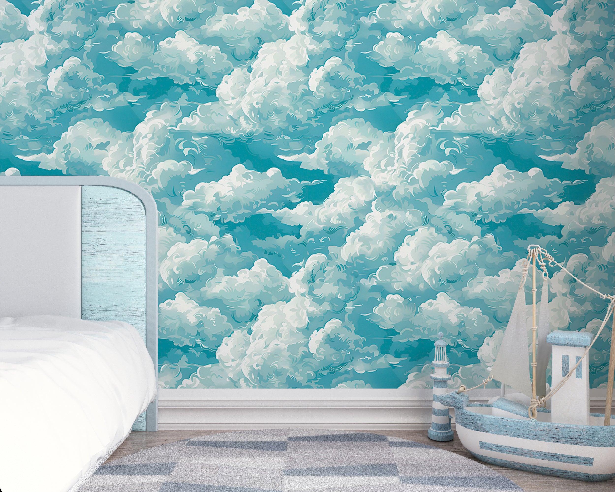 Removable blue and white clouds wallpaper Watercolor nursery cloud pattern wallpaper